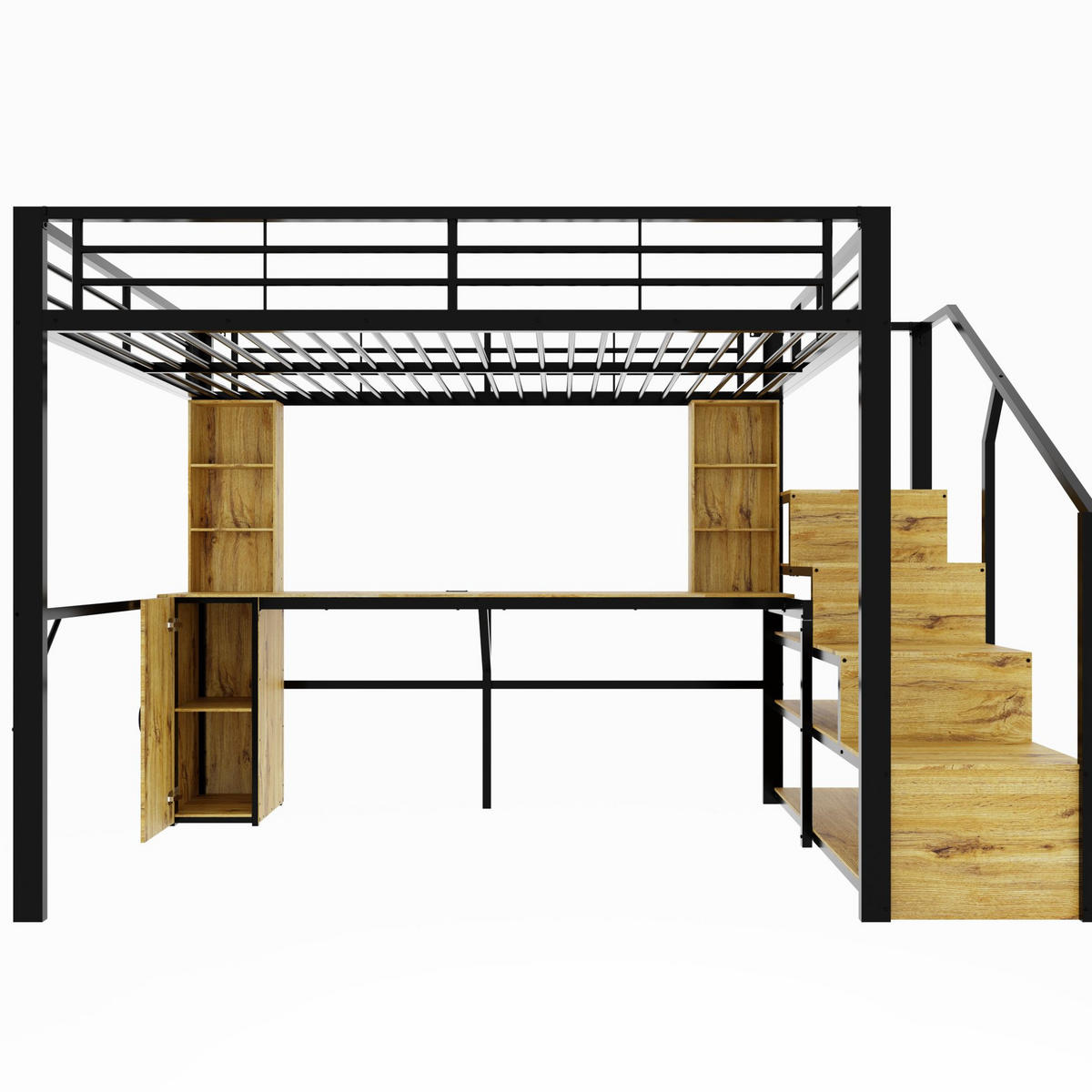 HOCHBETT Metall/MDF 140x200 cm Schwarz mit Schreibtisch, Schrank, Stauraumtreppe und USB-Anschluss - Schwarz, Metall (140/200cm) - Modfu
