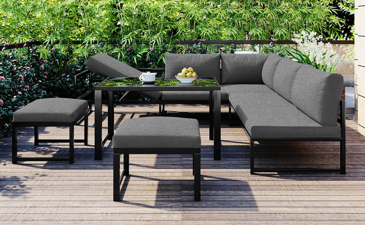 GARTEN-LOUNGE-SET Aluminium mit verstellbarer Rückenlehne, Tisch & Hocker, 199/60/66 cm, Schwarz/Grau - Grau, Metall - Redom