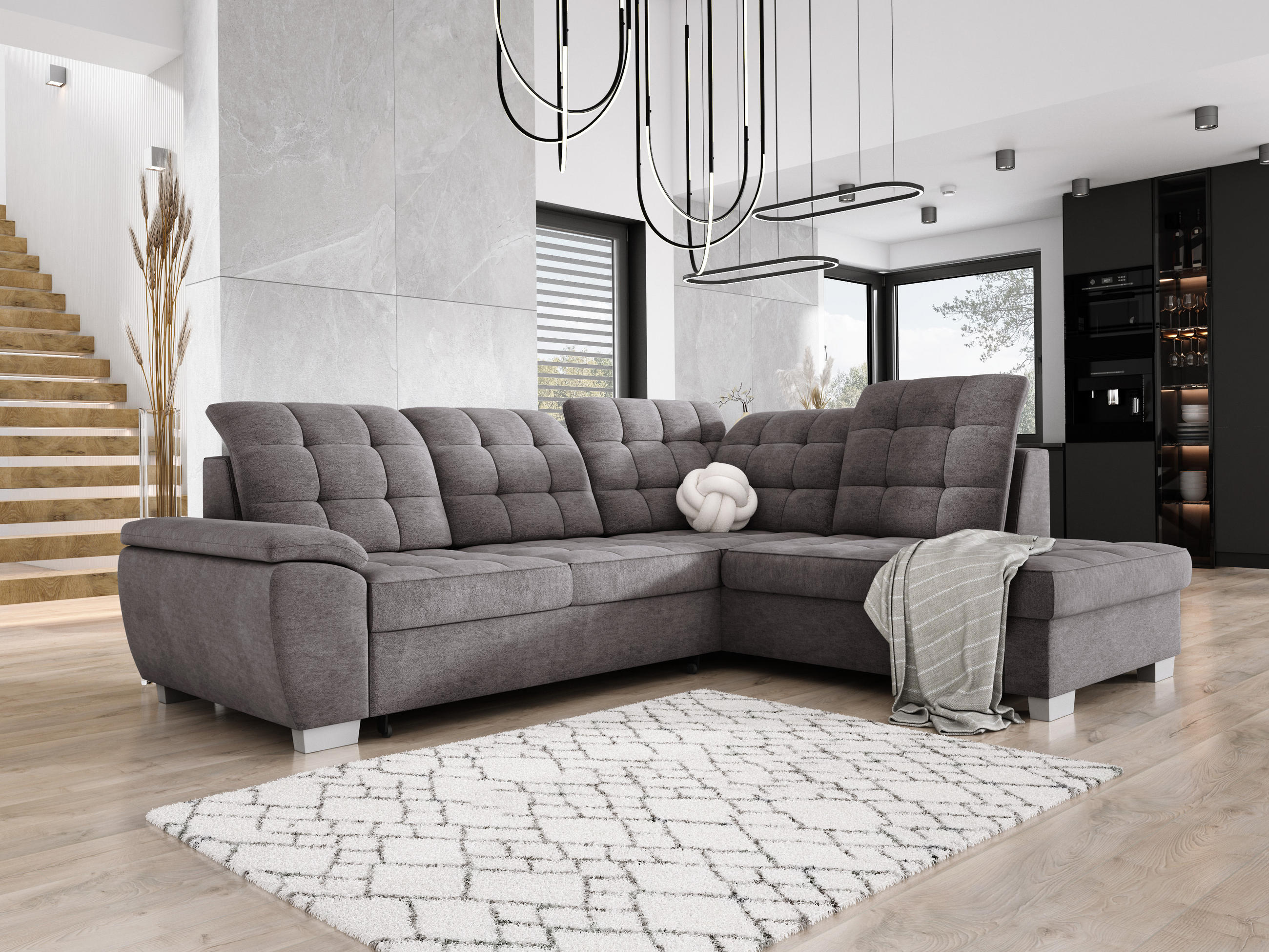 ECKSOFA LOTTA L-förmig Bettkasten verstellbare Kopfstützen hochwertige Verarbeitung lose Rückenkissen freistehend RECHTS 258x212x106 cm Light Grey - Hellgrau, Holz/Textil (258/212cm) - DomoHome