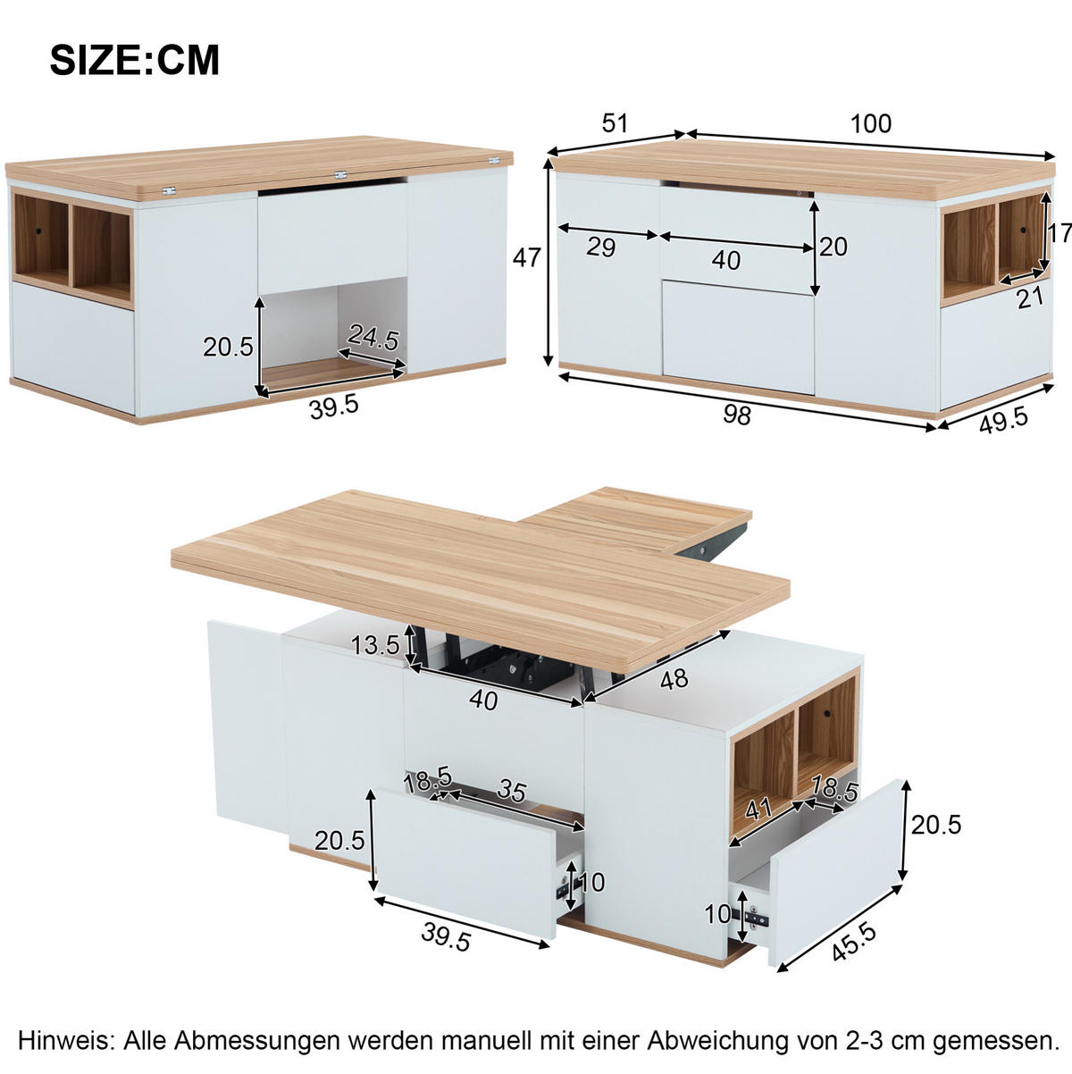COUCHTISCH 100/51 cm höhenverstellbar mit Stauraum und 2 Schubladen - Weiß, Holzwerkstoff (100/51/47cm) - BEAOK