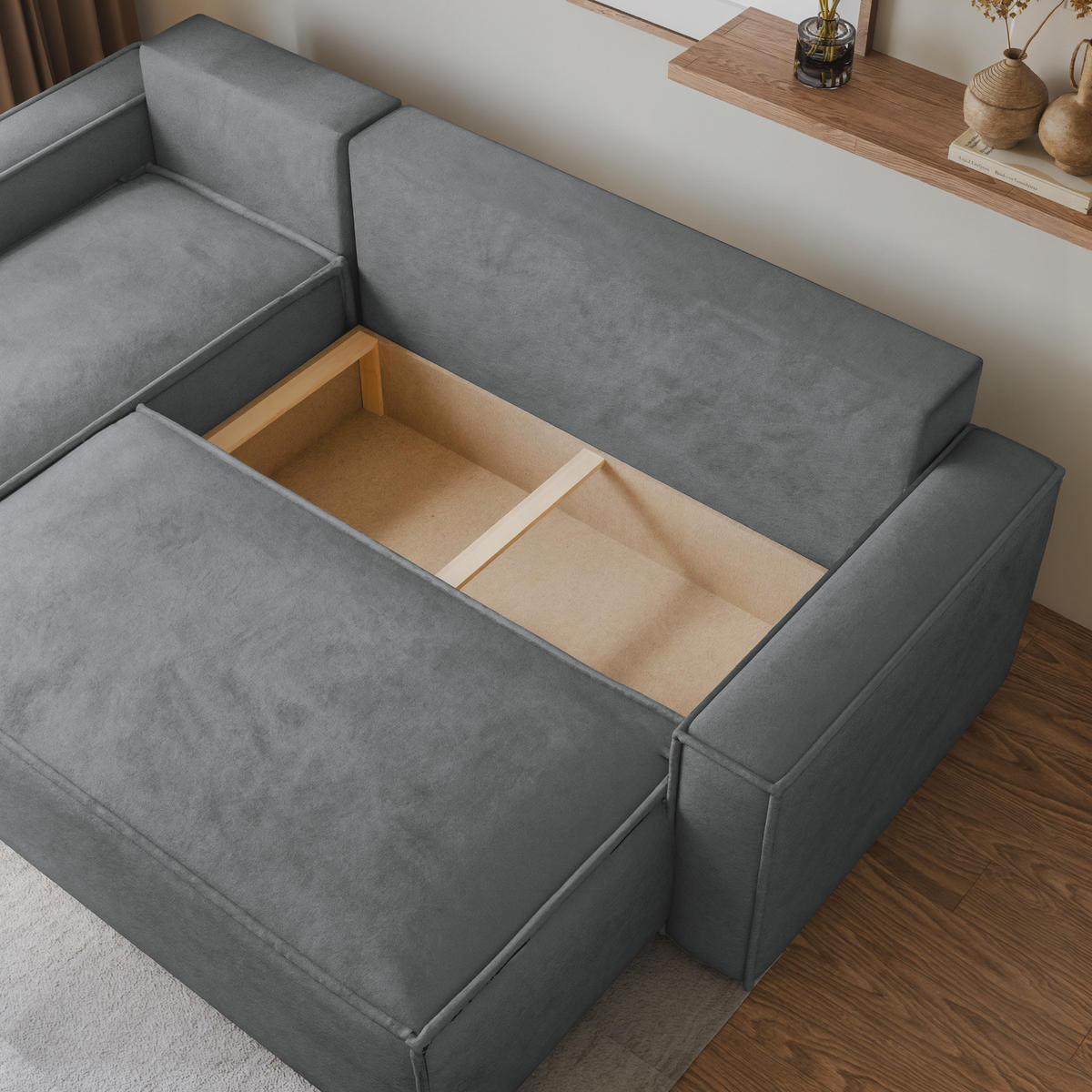 ECKSOFA RAVELO M Grau Velours-Stoff mit Schlaffunktion - Grau, Holz (240/140cm) - MASSENO