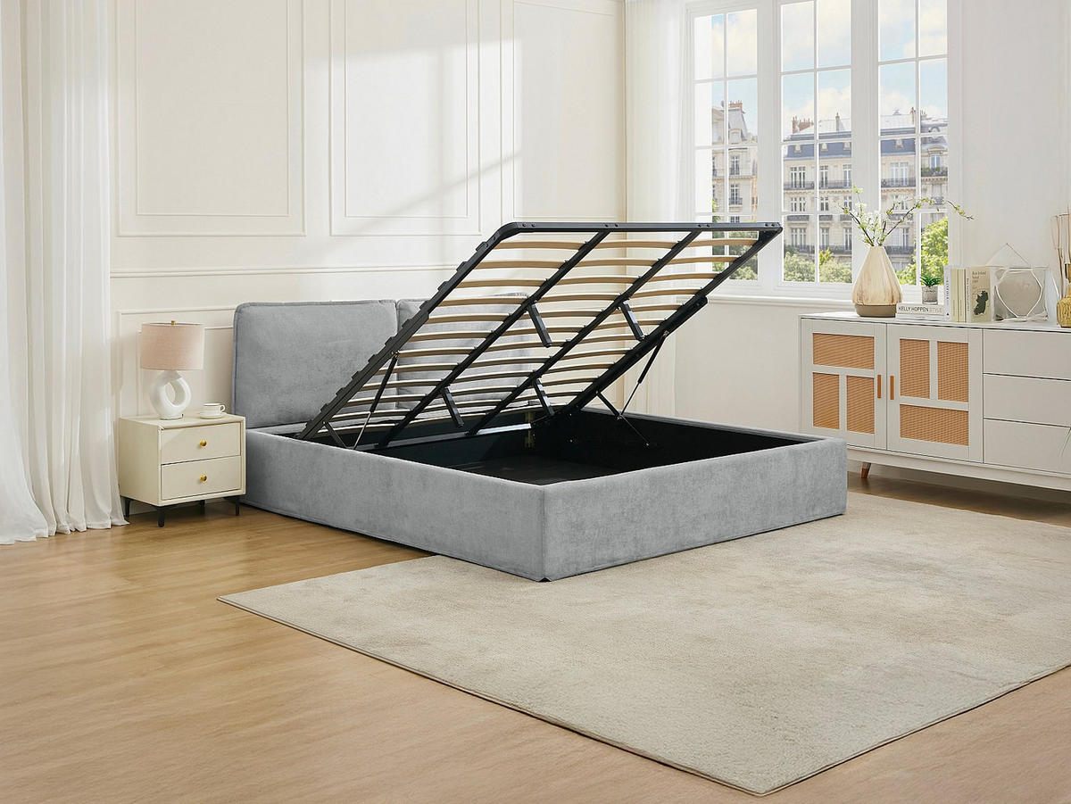 BETT mit Bettkasten - 2 Personen - Stoff - Hellgrau - - Hellgrau, Textil (180/200cm) - Vente-Unique