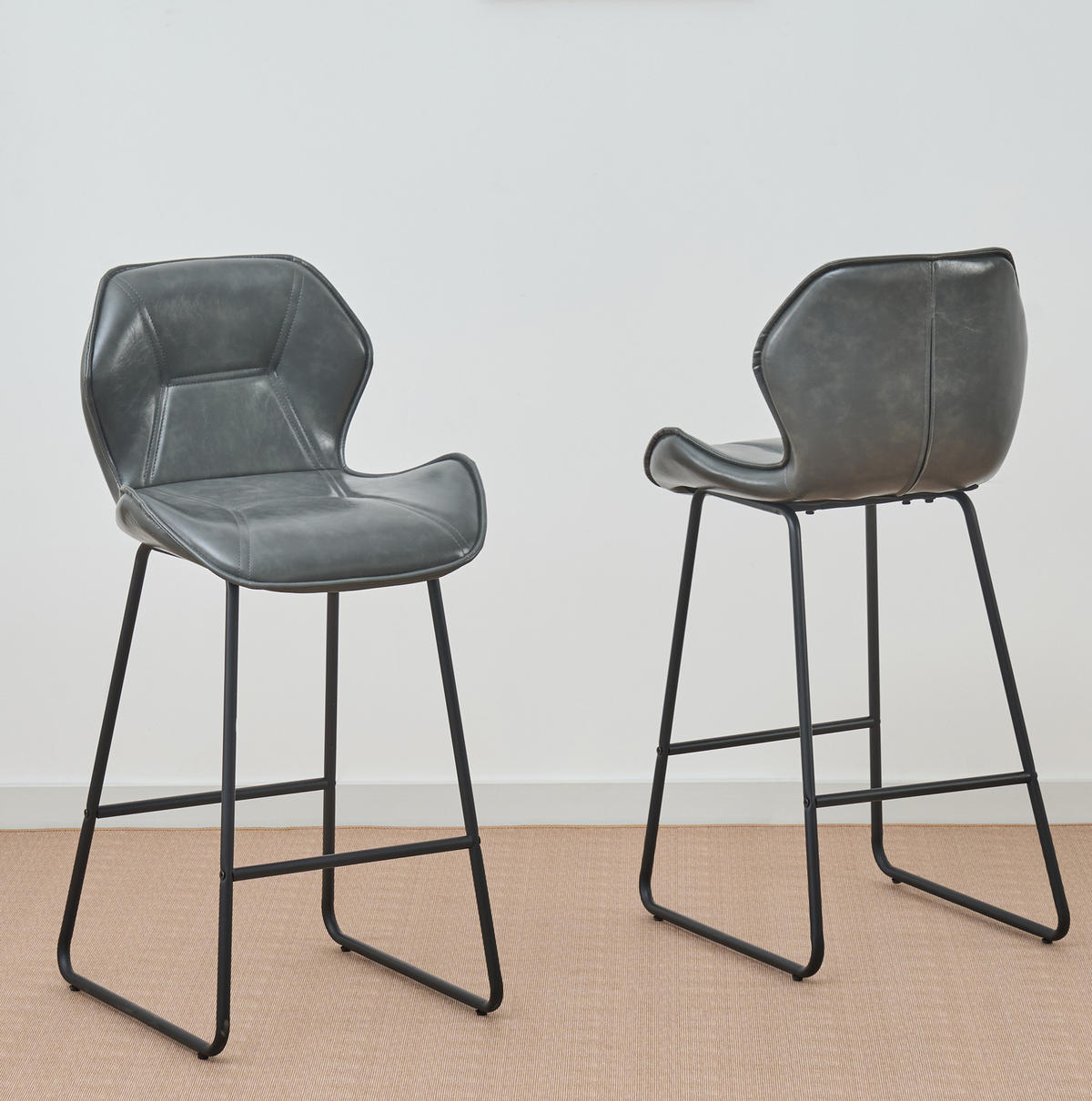BARHOCKER 2er-Set mit Rückenlehne Kunstleder Grau - Grau, Metall (47/91.5/48.5cm) - Meubliv