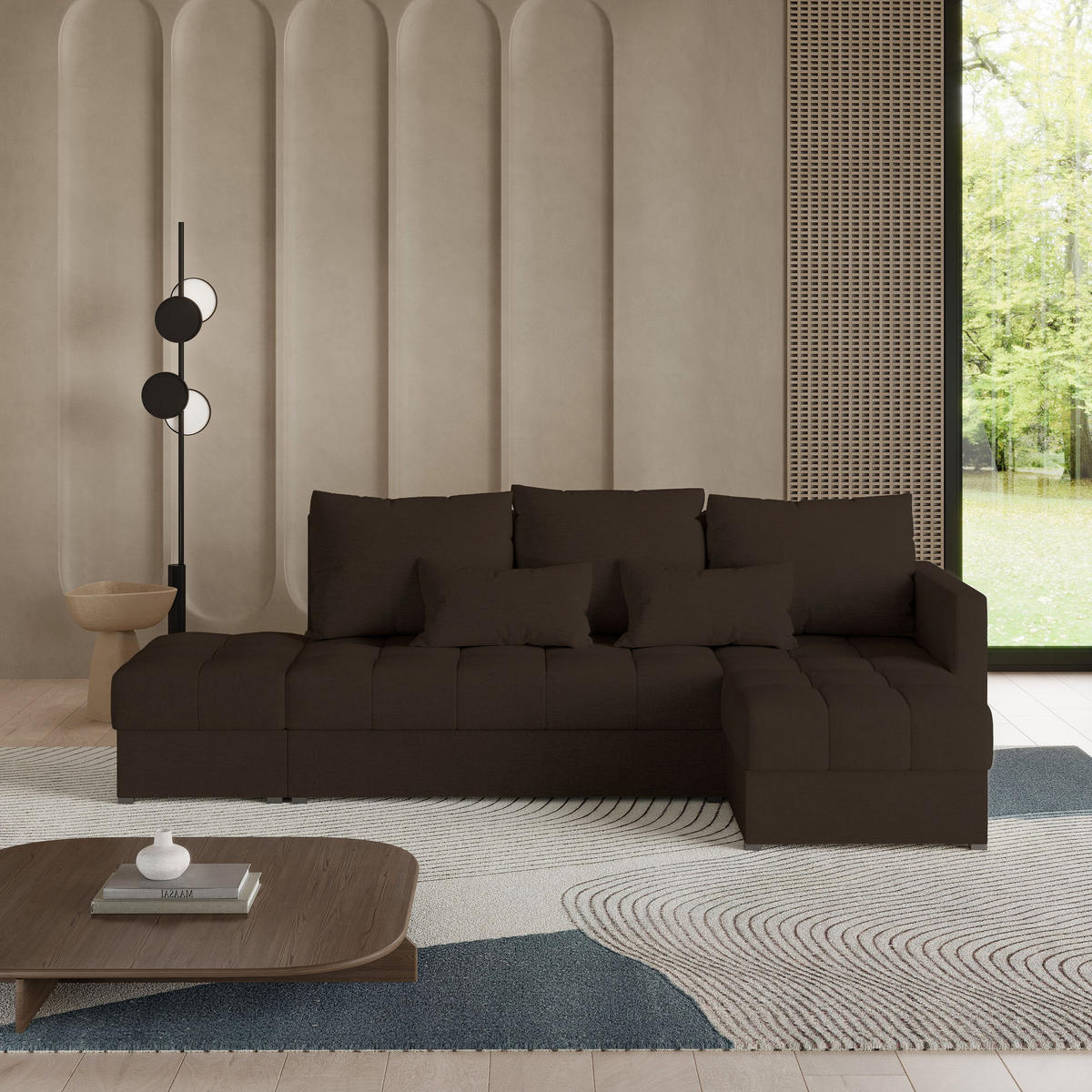 ECKSOFA LUMARI R-S Braun Plüsch-Stoff mit Schlaffunktion - Braun, Holz (262/143cm) - MASSENO