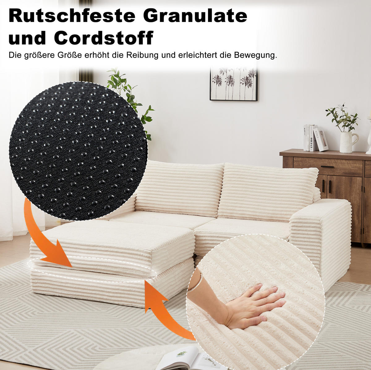 SOFA na razvlačenje bež od samta s pomičnim tabureom i modularnim rasporedom - bež, tekstil (169.5/74/194cm) - OKWISH