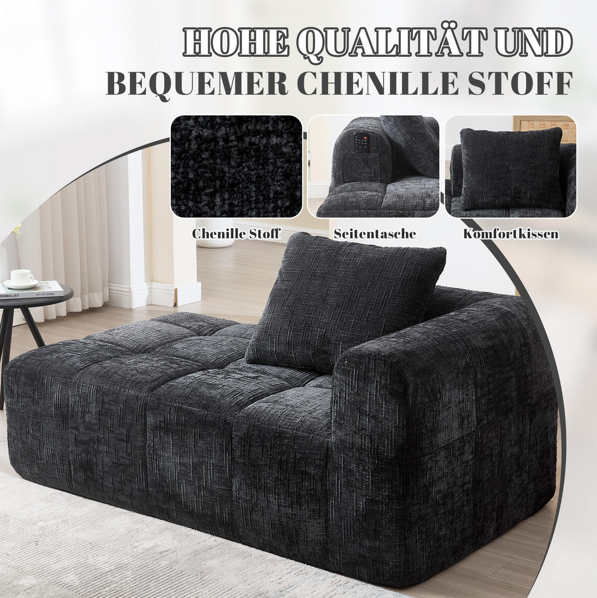 SOFA od ženilije, 158/90/60 cm crna, s ležaljkom i bočnim džepovima - crna, tekstil (60/158/90cm) - BEAOK