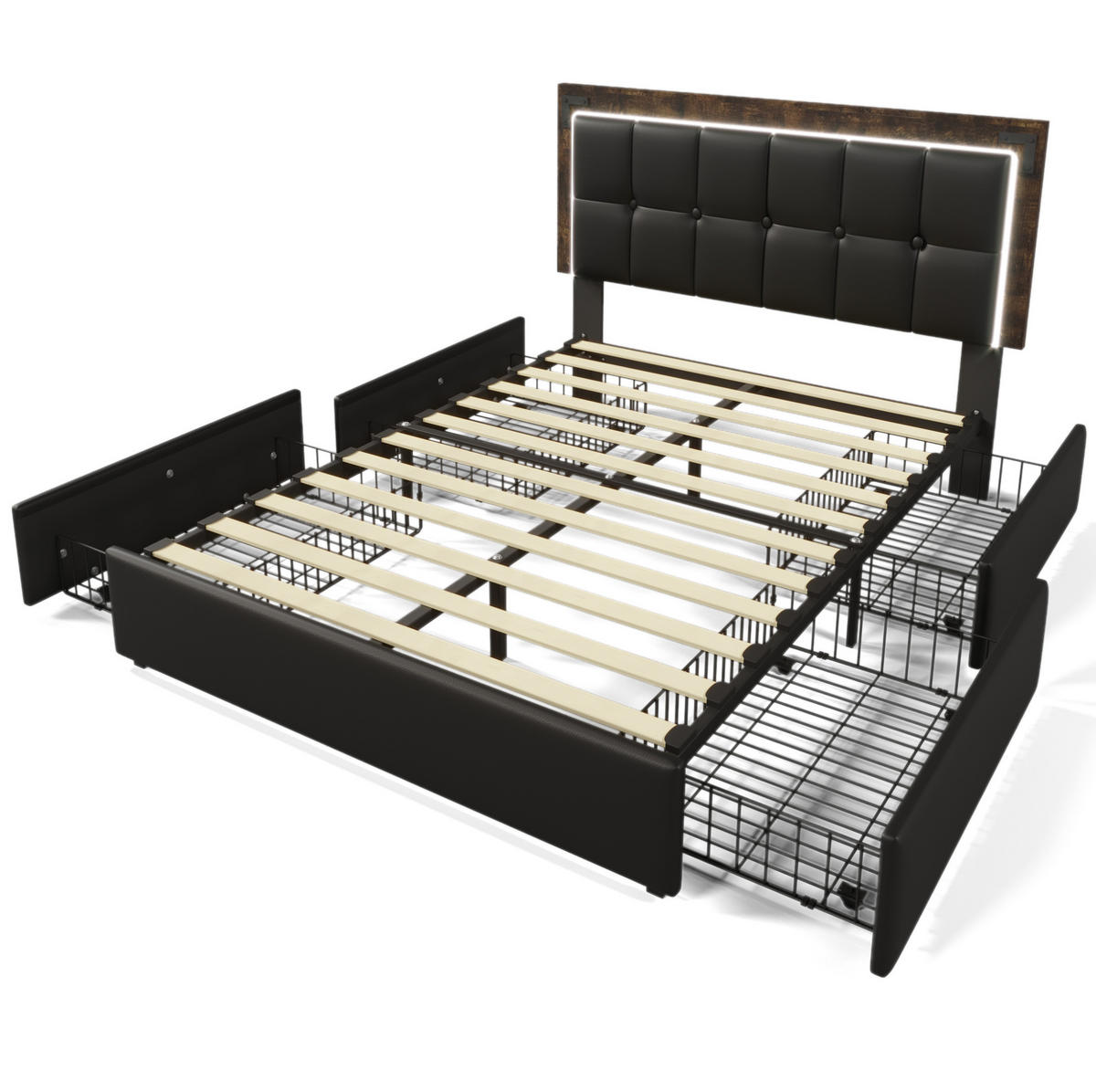 POLSTERBETT 160/200 cm mit LED-Beleuchtung, 4 Schubladen & höhenverstellbarem Kopfteil,Schwarz - Schwarz, Kunststoff (160/200cm) - Redom