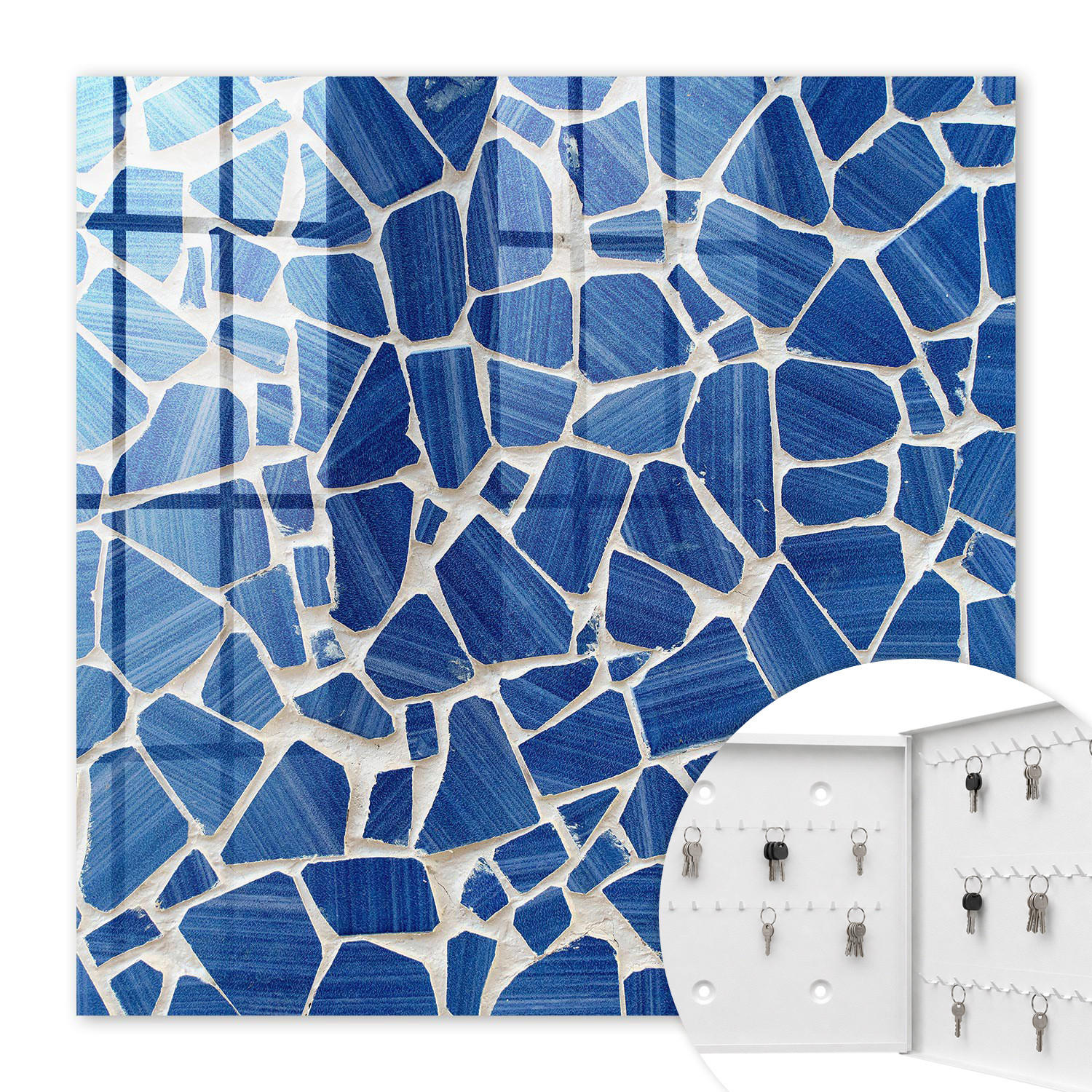 SCHLÜSSELBOX Weiß 30x30 cm – Türöffnung nach rechts - Blaues Mosaik - Blau, Metall (30/30/5cm) - TULUP
