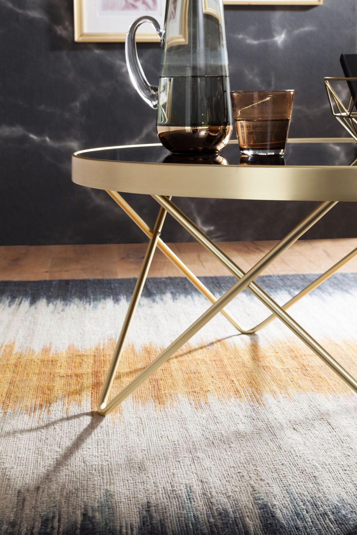 BEISTELLTISCH Schwarz Glasplatte Goldene Beine Retro-Stil 82cm Durchmesser - Goldfarben/Schwarz, Glas/Metall (82/82/39cm) - KADIMA DESIGN