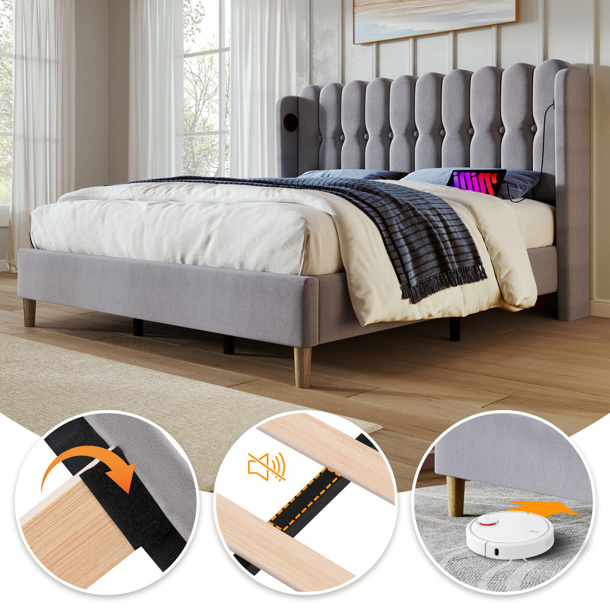 ČALÚNENÁ posteľ 160/200 cm sivá s USB a USB-C z ľanovej tkaniny - sivá, textil (160/200cm) - OKWISH
