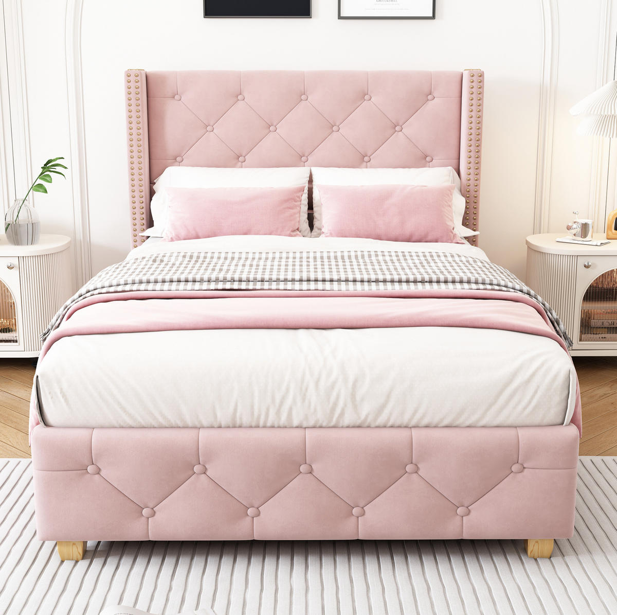 POLSTERBETT 90/200 cm mit Lattenrost, Knopfheftung & Nieten-Details, Rosa - Rosa, Textil (90/200cm) - Redom