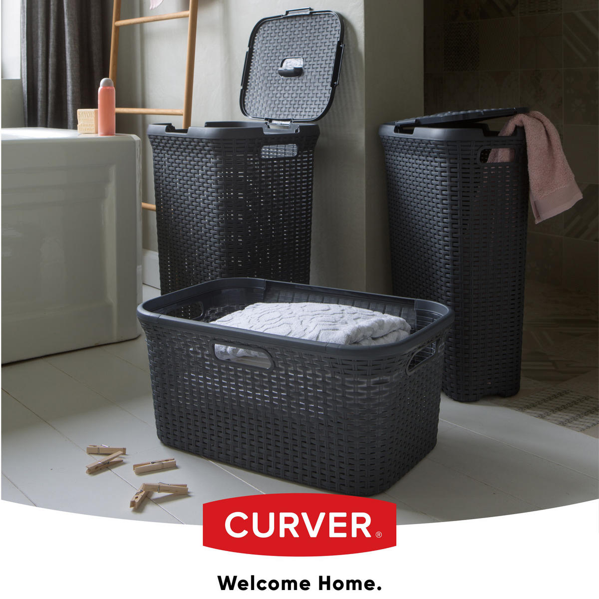 WÄSCHEKORB mit Deckel 60L - Schwarz, Kunststoff (44/61cm) - KADAX