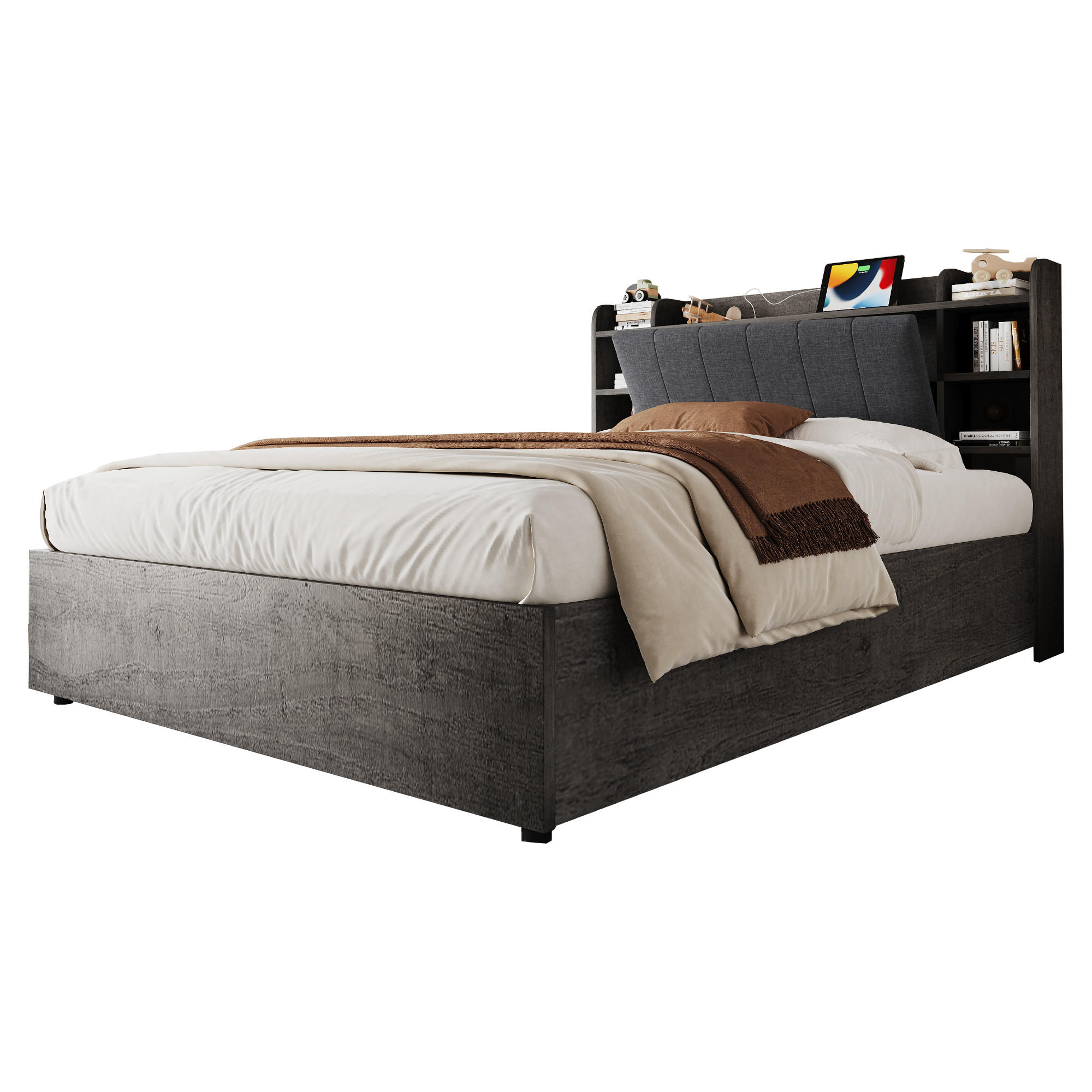 MULTIFUNKTIONSBETT 180/200 cm in Grau mit Stauraum, USB und Type-C - Grau, Holz/Holzwerkstoff (180/200cm) - WISHDOR