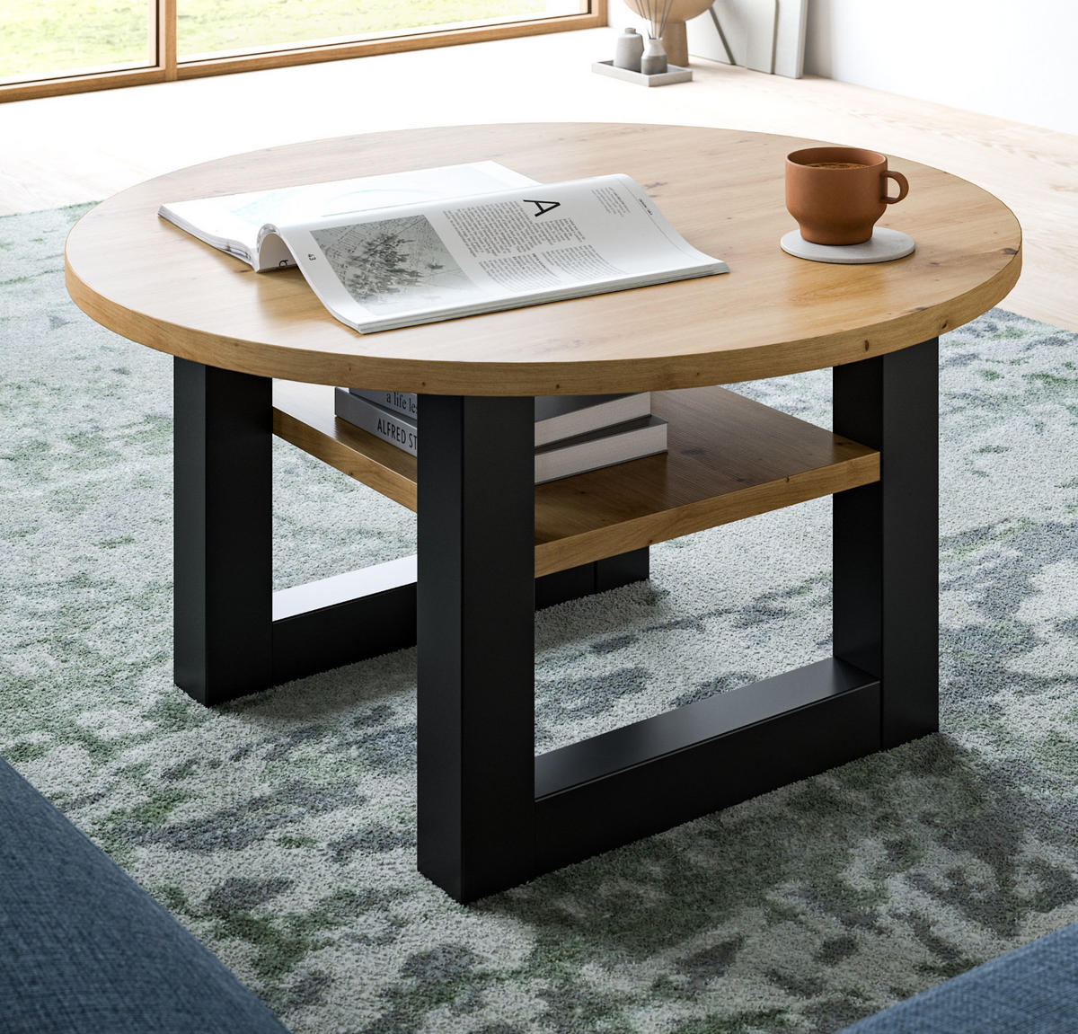 COUCHTISCH Eiche, grau rund 75 cm, Wohnzimmertisch mit Ablage - Eiche Artisan/Grau, Holzwerkstoff/Metall (75/75/42cm) - Inn.Furn
