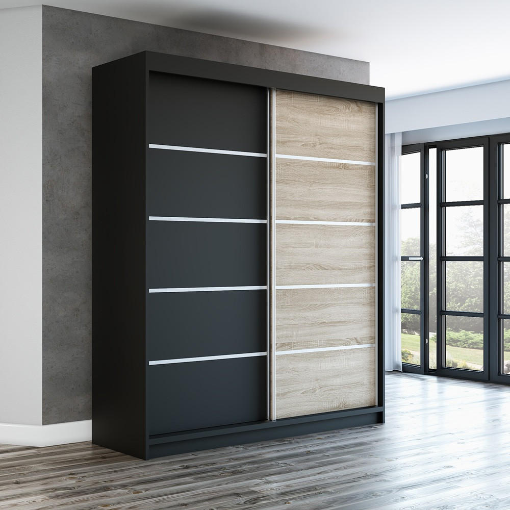 SCHWEBETÜRENSCHRANK 180 CM TREND Farbe: Schwarz , schwarz , sonoma - Schwarz/Braun, Holzwerkstoff (180/215/59.5cm) - A&J MöbelLand