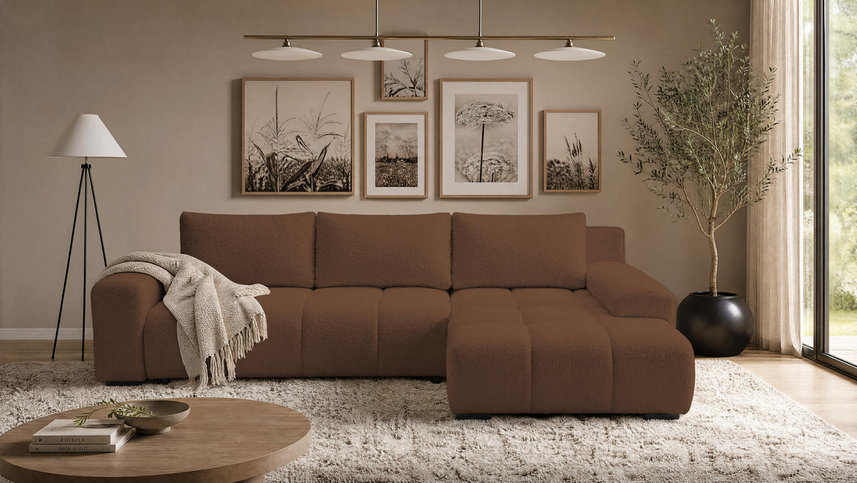 ECKSOFA Ovia mit Bettkasten und Schlaffunktion, Bouclé-Stoff in L-Form - Braun, Textil (270/185cm)