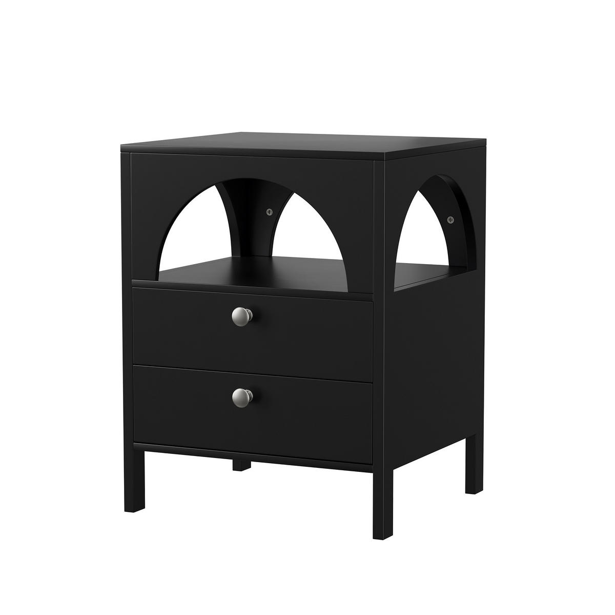 NACHTTISCH aus MDF 45x40x58 cm Schwarz mit 2 Schubladen und offenem Fach, vielseitiger Stauraum - Schwarz, Holzwerkstoff (45/58/40cm) - Modfu