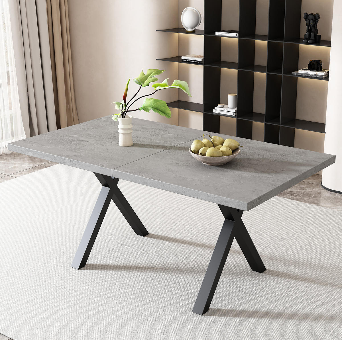 JÍDELNÍ stůl z MDF a kovu 140x80x76 cm šedý/černý s kříženou podnoží v betonovém vzhledu - šedá, kompozitní dřevo (140/80/76cm) - Modfu