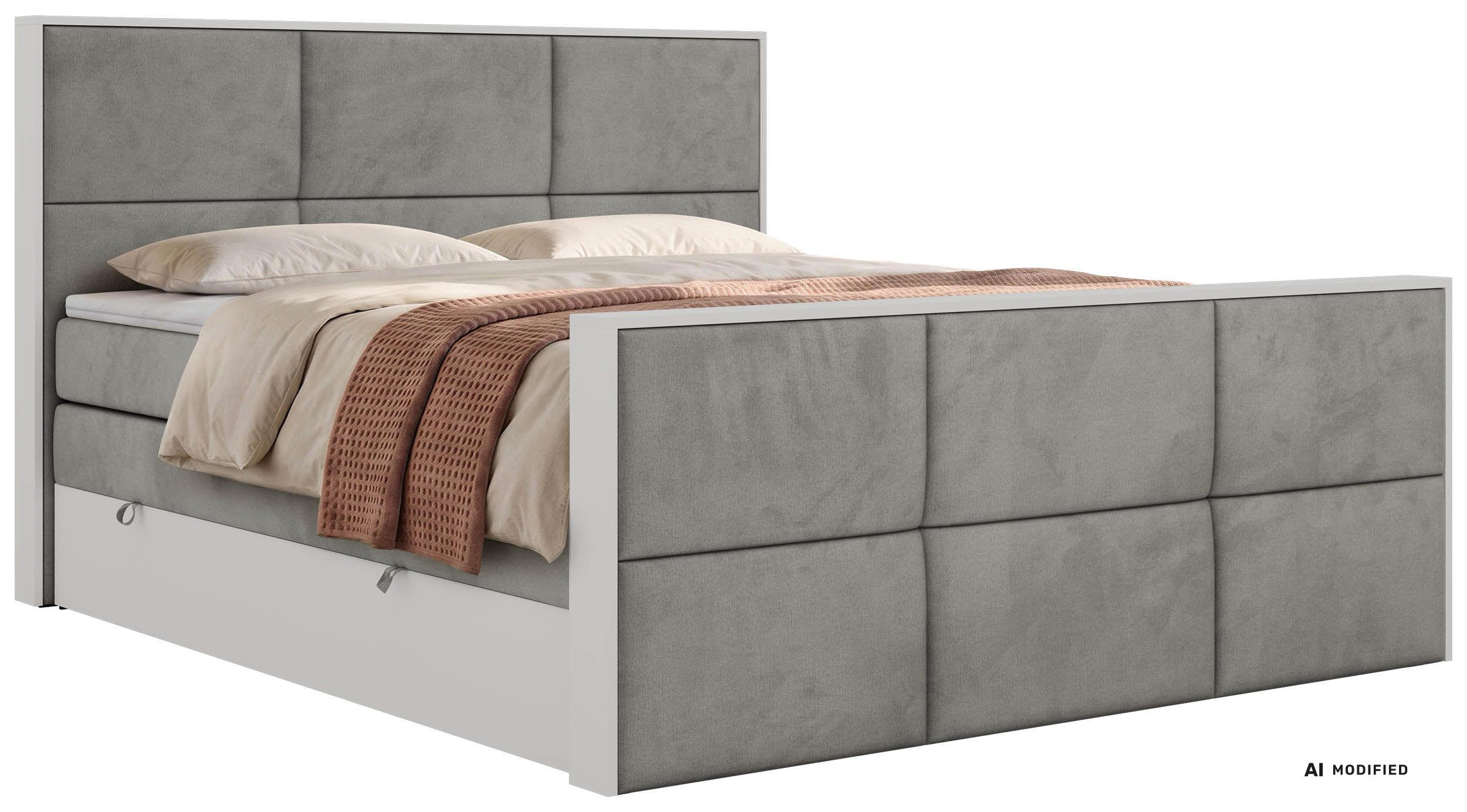 BOXSPRINGBETT DELVIT KING DUO 160/200 - Hellgrau Velvet - Topper Visco - H3 - Hellgrau/Schwarz, Kunststoff/Textil (160/200cm) - MKS