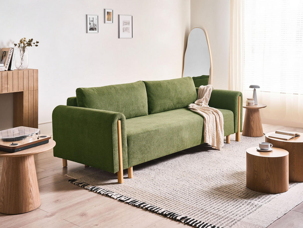 ROZKLÁDACÍ POHOVKA 3-místná Látka Zelená s úložným prostorem Kvam - světle hnědá, textil (242/85/99cm) - Beliani