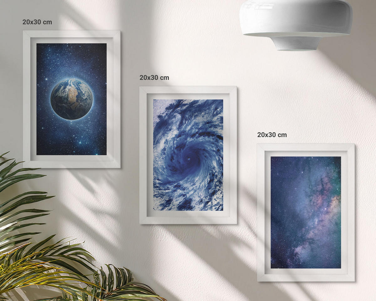 BILDER SET 3er Set - 20x30 cm Weißer Rahmen - Erde Weltraumsturm Galaxie - Weiß, Kunststoff (20/30cm) - TULUP