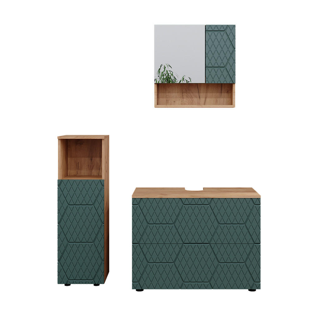 BADMÖBEL-SET Irma Grün 3 Teile, mit Midischrank - Eiche Wotan/Grün, Holzwerkstoff (80/58.6/41cm) - Vicco