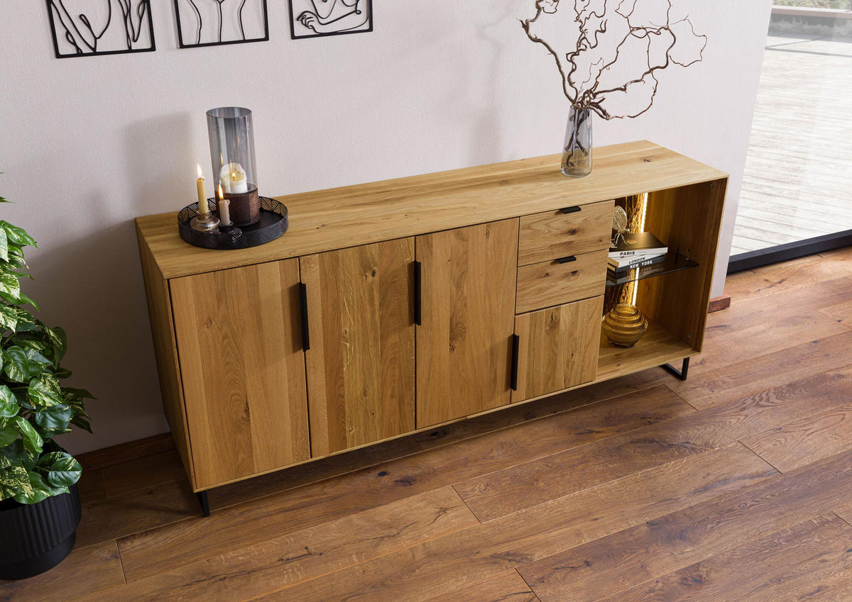 SIDEBOARD Wildeiche 180x43x79 natur geölt LINDAU #09 - Braun, Holz (180/79/43cm) - Massivmoebel24