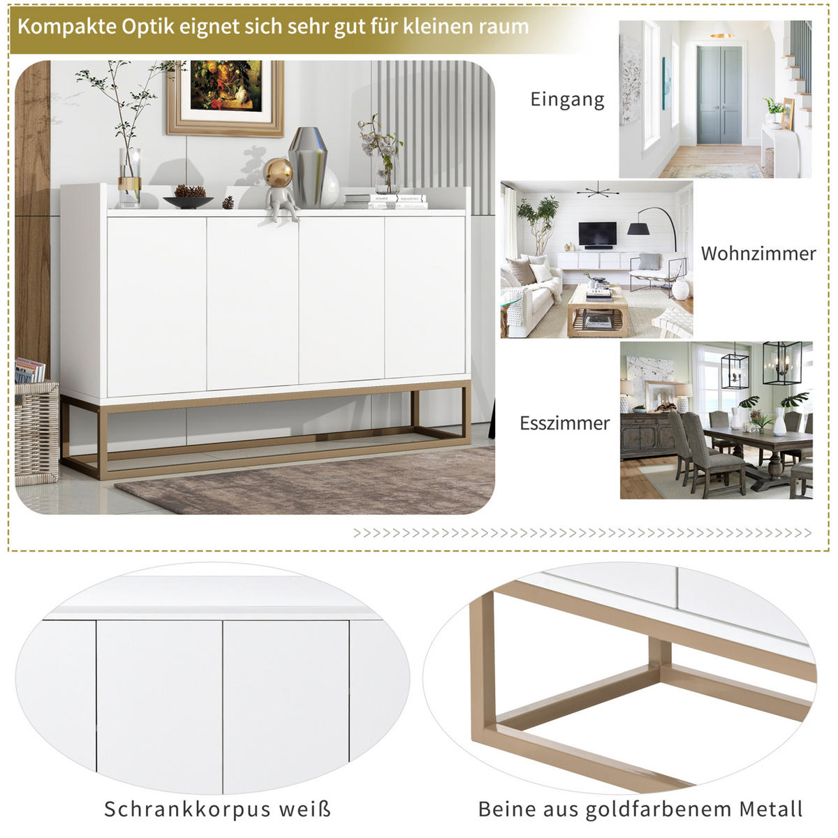 SIDEBOARD, 120/80/30 cm, mit 4 Türen, MDF, weiß - Weiß, Holz/Metall (120/80/30cm) - GENKI LIVING