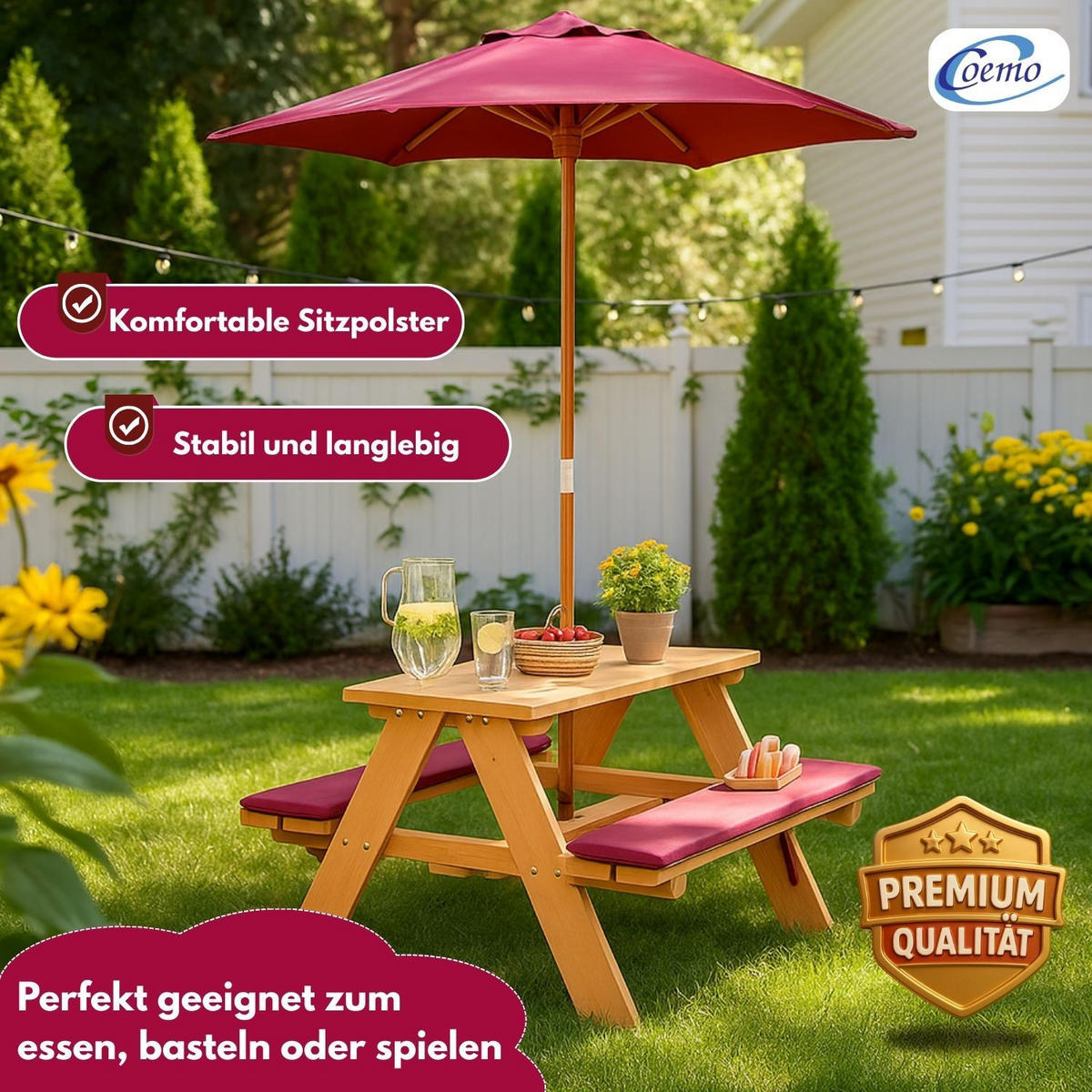 KINDERSITZGRUPPE GARTEN Holz mit Sitzauflagen + Sonnenschirm Farbe Natur 89/79/50 cm - Naturfarben, Holz (79/50/89cm) - Coemo