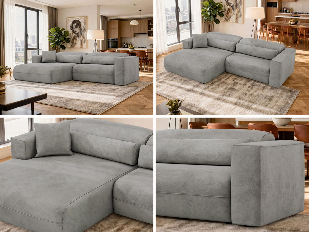 ROHOVÁ SEDAČKA PAZURRO L - Svetlosivá Samet - Vľavo - čierna/svetlosivá, textil/plast (288/180cm) - MKS