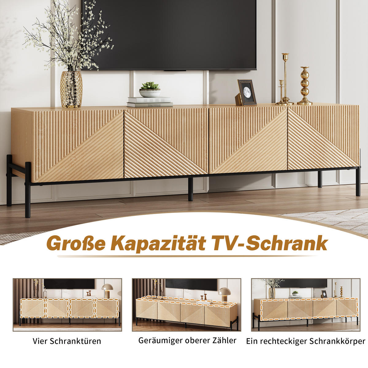 TV-SCHRANK Natur 163,5/40/45 cm mit 4 Türen und 3D-Textur - Honigeiche, Karton (40/45/163.5cm) - PANGIVO