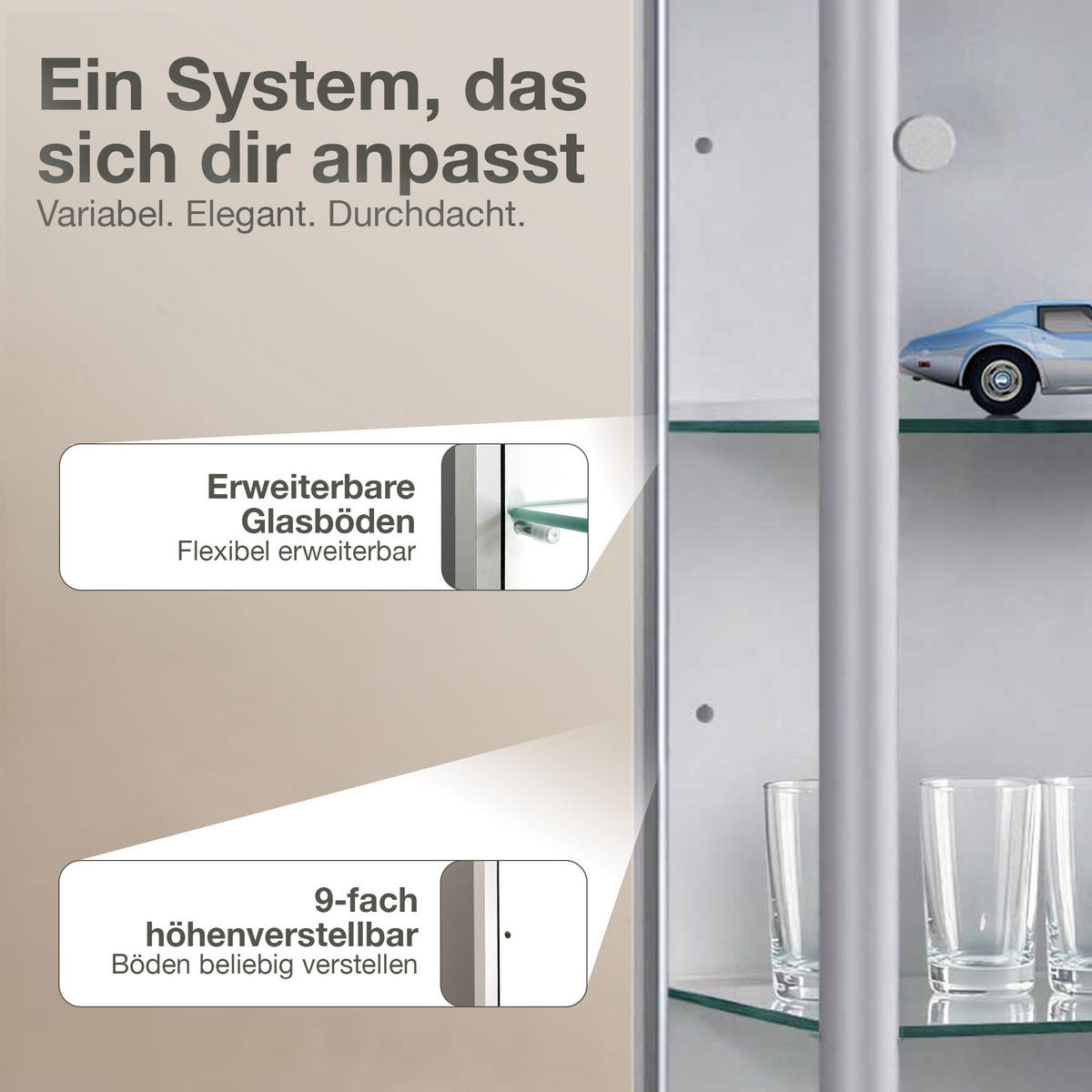 GLASVITRINE 33/37/176 cm mit LED & 4 höhenverstellbaren Glasböden - Transparent/Silberfarben, Glas/Holzwerkstoff (37/176/33cm) - K-Möbel