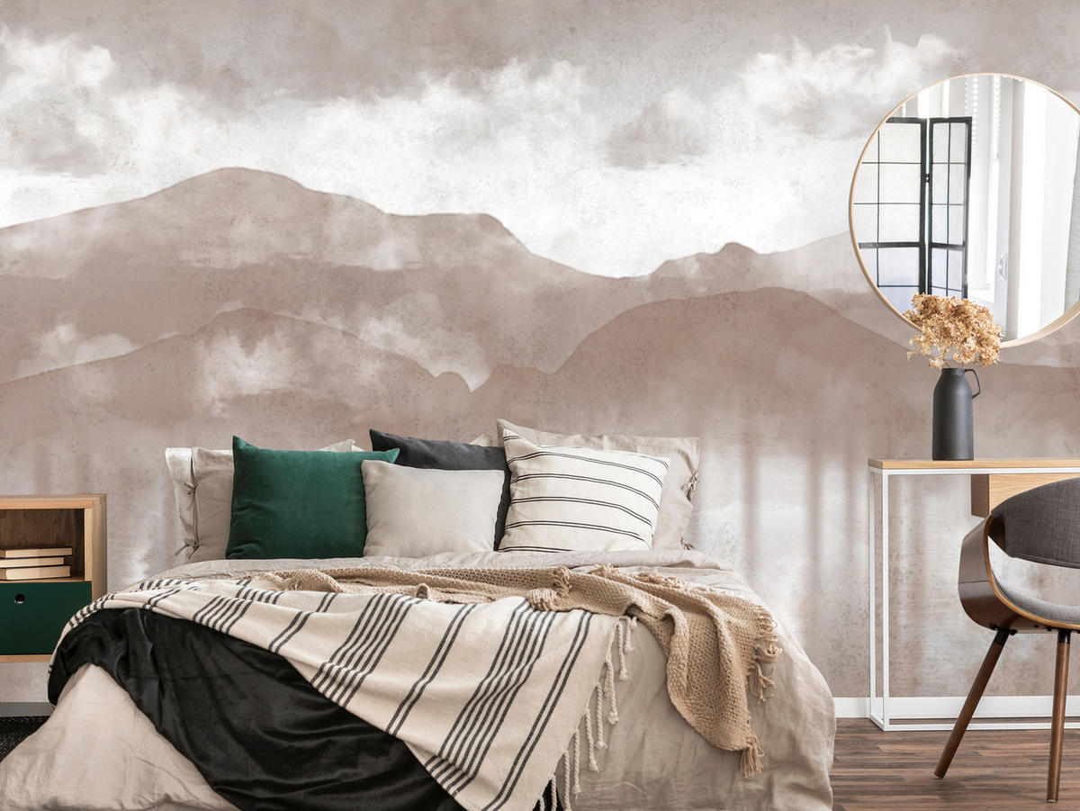 FOTOTAPETE für Schlafzimmer Beige Berglandschaft Nebelwald Vintage 300x210 - Beige/Braun, Papier (300/210cm) - Muralo