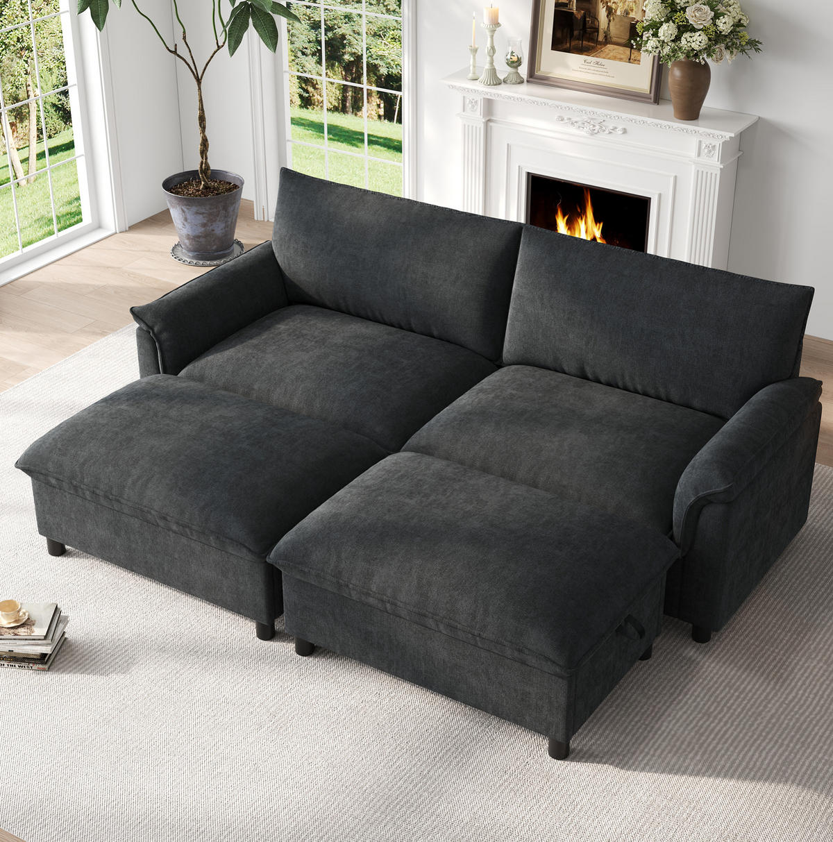 SOFA mit Fußhocker und Stauraum 216 x 77 x 82 cm Chenille Schwarz - Schwarz, Holzwerkstoff (77/82/216.1cm) - Meubliv