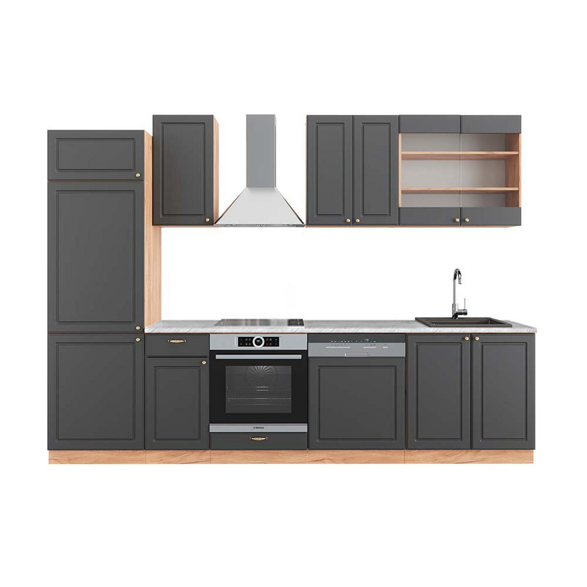 KÜCHENZEILE Fame-Line Anthrazit Landhaus/Goldkraft Eiche 300 cm AP Marmor - Honigeiche/Dunkelgrau, Holzwerkstoff (300/81.6/60cm) - Vicco