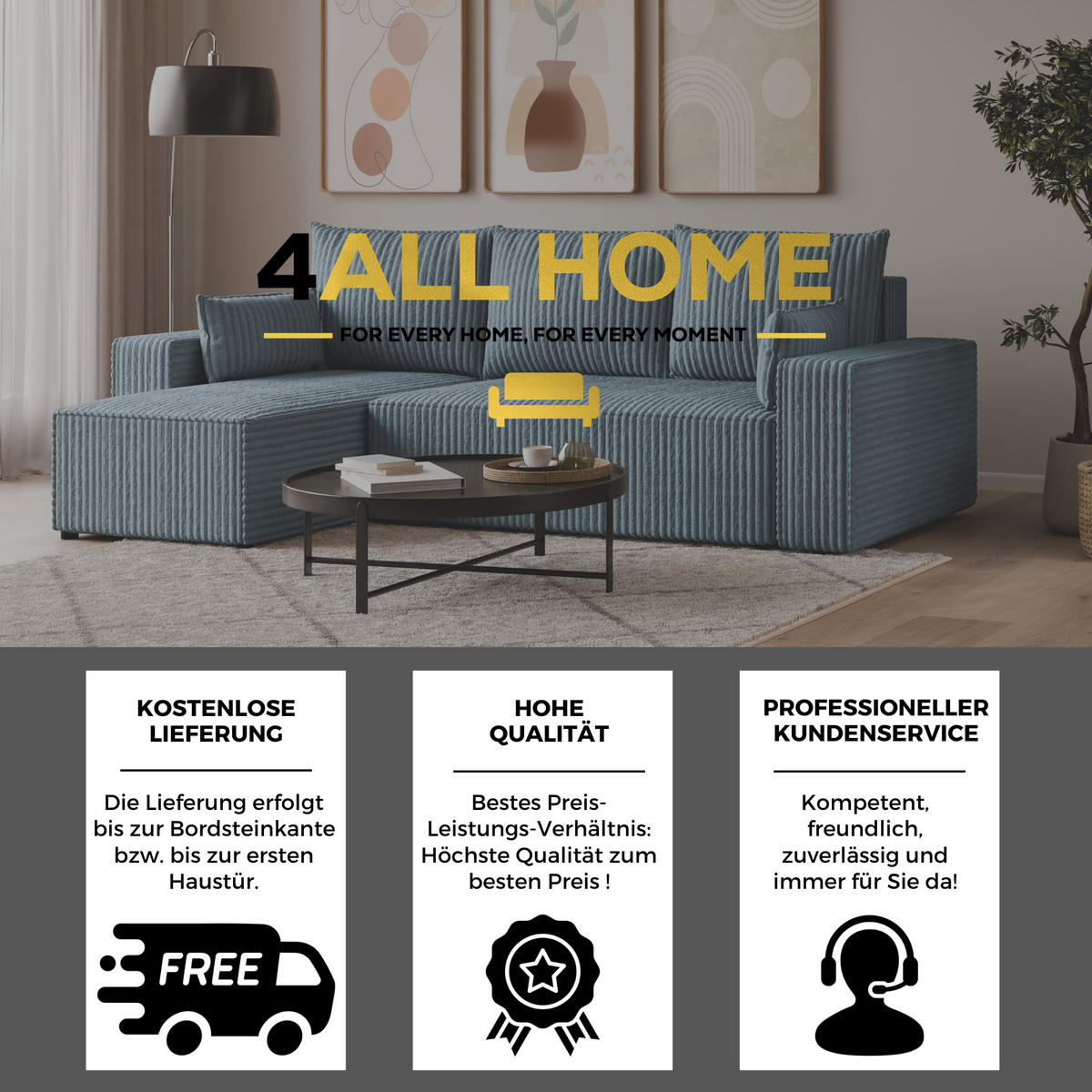 ECKSOFA Tobi mit Bettkasten und Schlaffunktion, L-Form, Cordstoff, Universal - Pastellblau, Holzwerkstoff (246/145cm) - 4ALL HOME