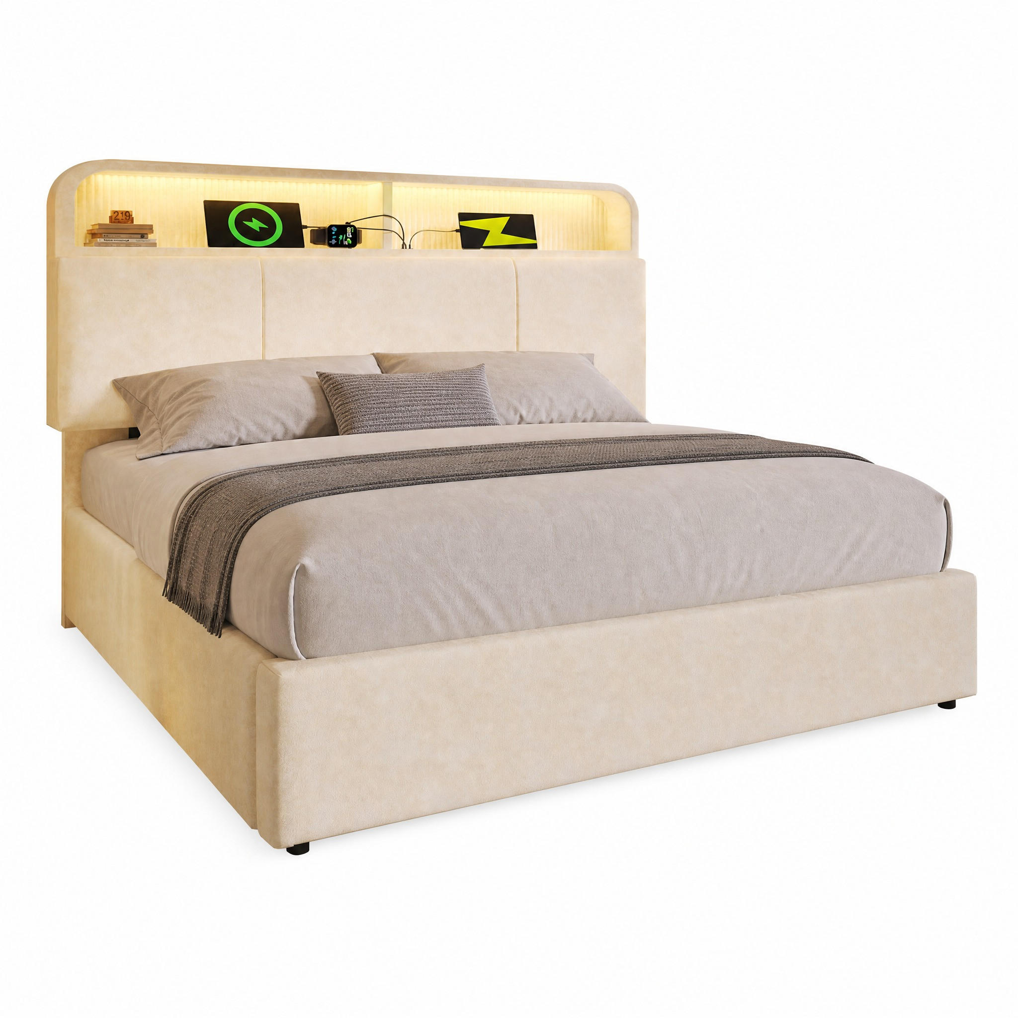 POLSTERBETT 140/190 cm in Beige Samt mit Bettkasten, LED und USB - Beige, Holzwerkstoff/Textil (140/190cm) - STILVORA