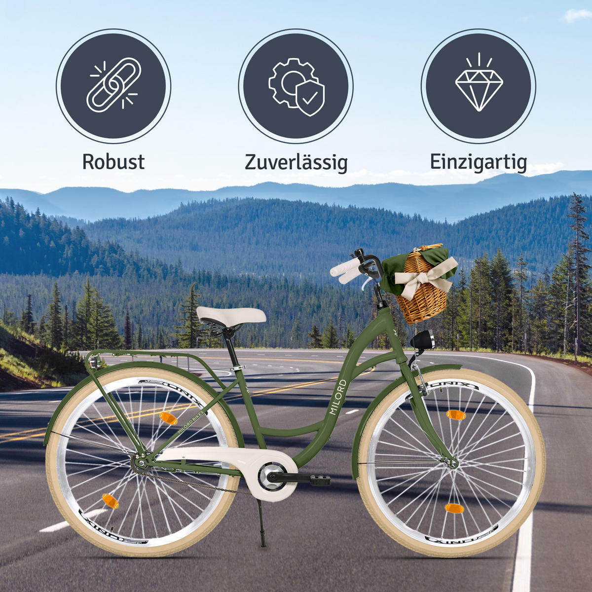 CITY-FAHRRAD Milord mit Weidenkorb, 26 Zoll, Khaki, 1-Gang - Grün, Metall (46cm) - Milordbikes