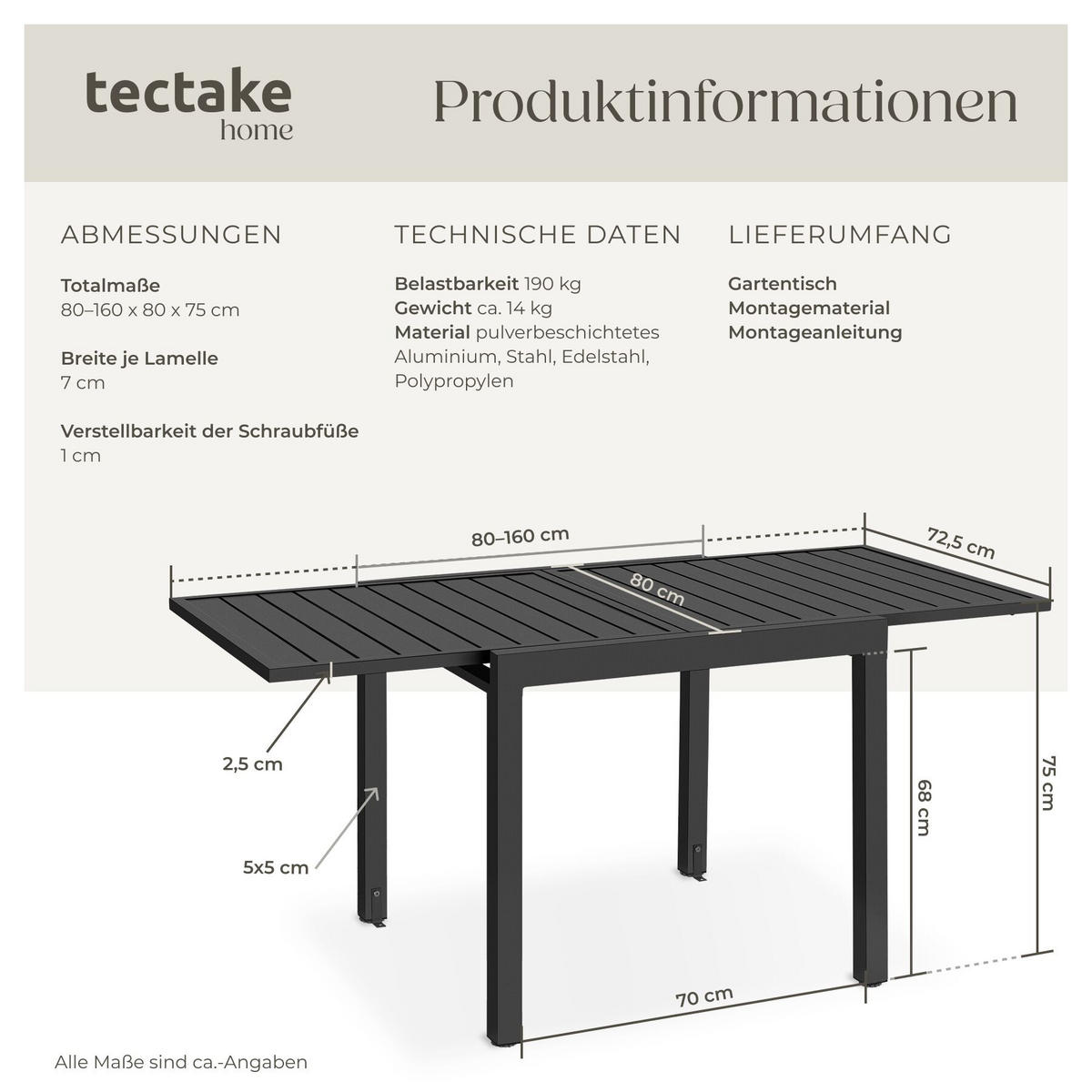 GARTENTISCH aus Aluminium Campos, 80–160 x 80 x 75 cm, dunkelgrau - Dunkelgrau, Metall (80/160/75cm) - tectake