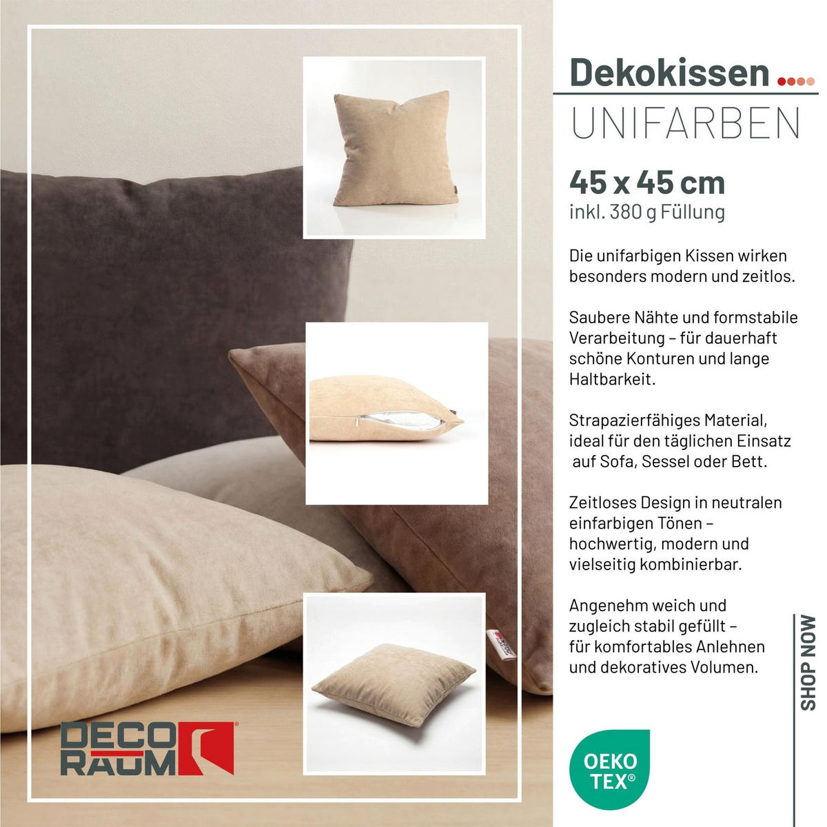 DEKOKISSEN Uni Sand 45x45 cm mit Füllung - Beige, Textil (45/45cm) - Deco-Raum