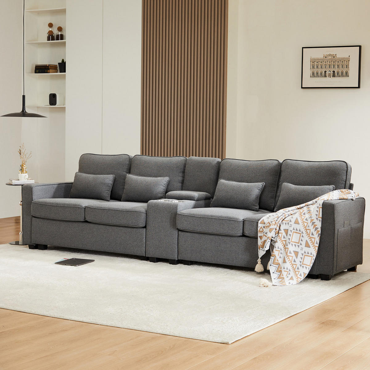 SOFA 4-Sitzer Leinenstoff Konsole 2 USB & Getränkehalter 4 Kissen Dunkelgrau - Grau, Holz (83/88/290cm) - FLIEKS