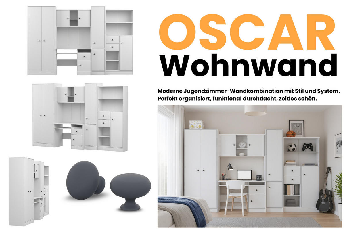 KINDERZIMMER OSCAR Korpus Weiß | Griffe Anthrazit - Anthrazit/Weiß, Holzwerkstoff (300/196/52cm) - Deine Möbel 24