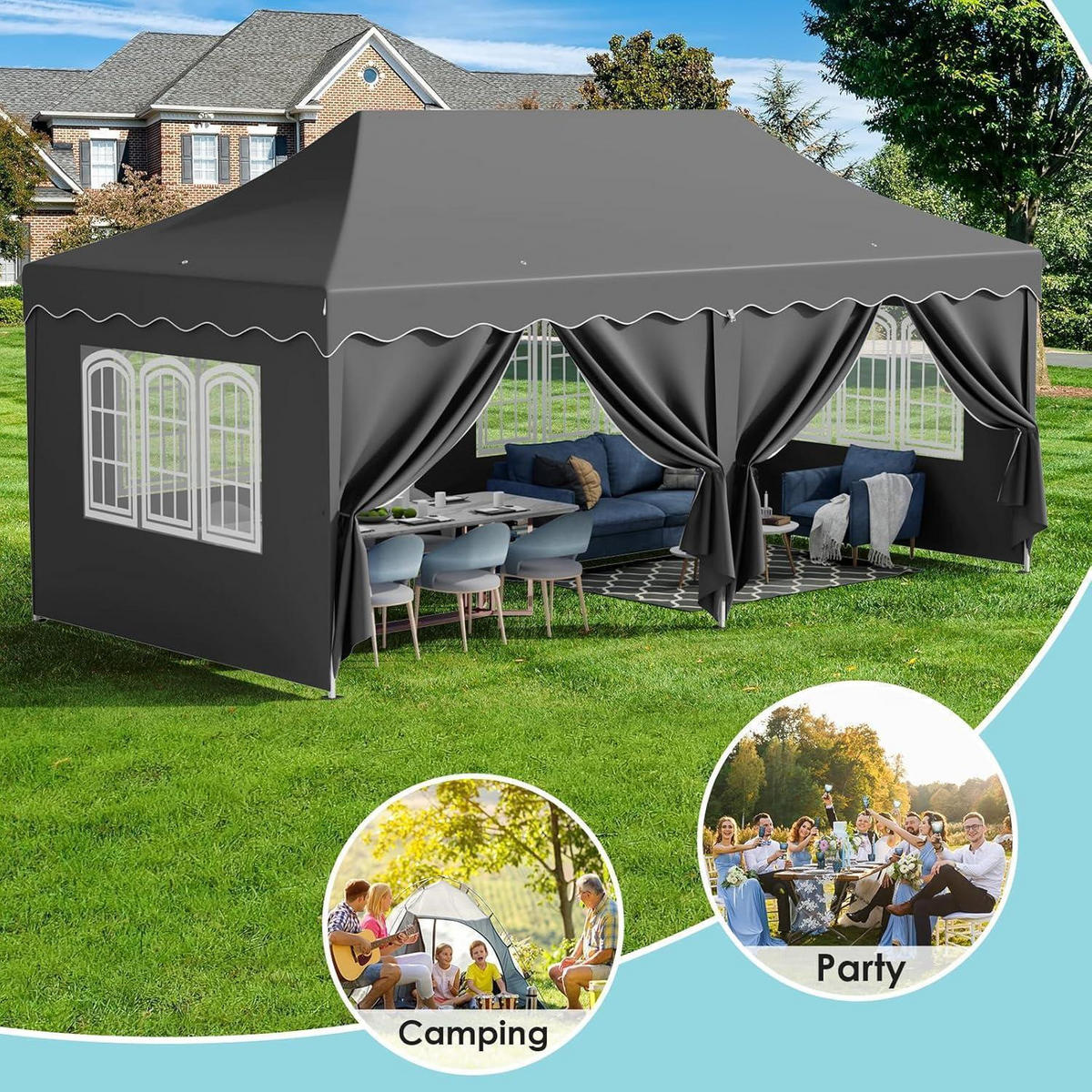 FALTPAVILLON 3x6 m Grau Wasserdicht mit 6 Seitenwänden, winterfest - Grau, Textil (300/310/600cm)