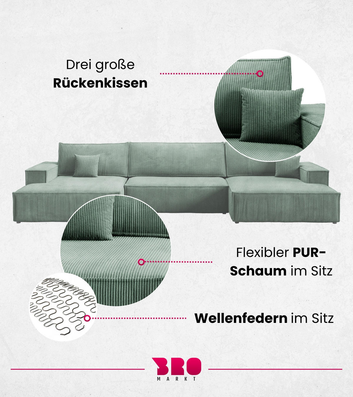 WOHNLANDSCHAFT Pablo Maxi mit Schlaffunktion Grün Cord - Grün, Textil (397/85/148cm) - Bromarkt