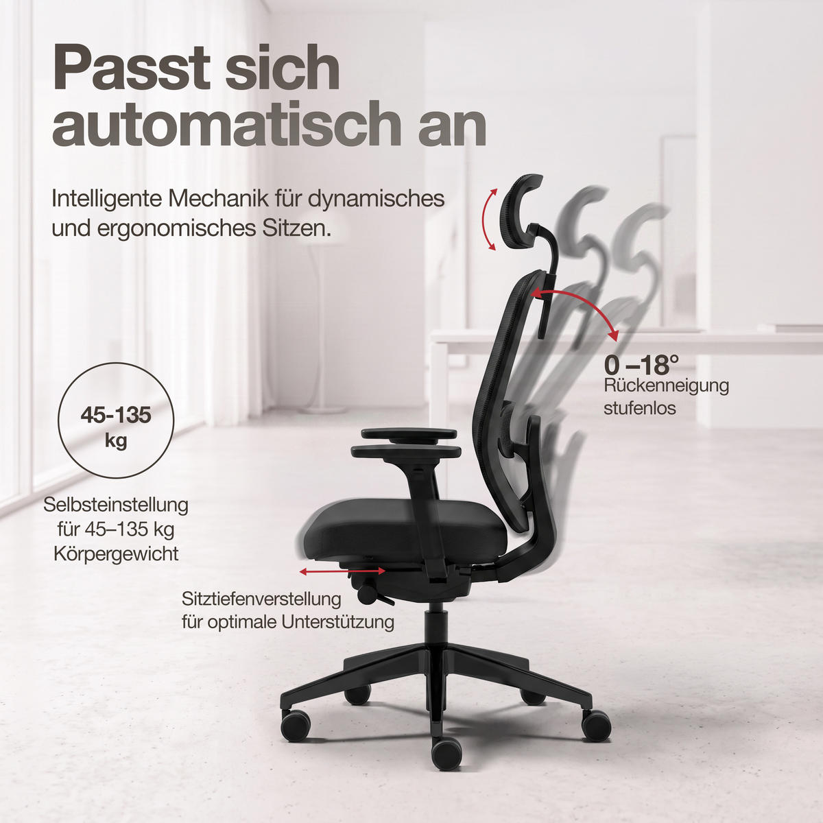 DREHSTUHL Ergonomischer Bürostuhl Atessa mit Polsterrücken und Kopfstütze / Mit Kopfstütze Schwarz Ergonomischer Polsterrücken - Schwarz, Textil (62.5/120.5/45cm) - ASSMANN