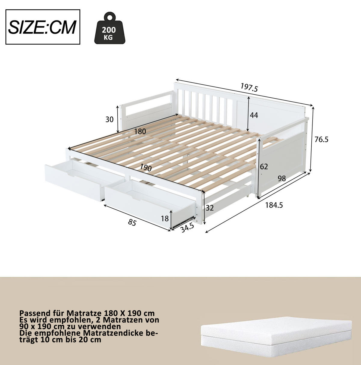 HOLZBETT 90/190 cm aus Kiefer massiv in Weiß – inkl. Ausziehbett und 2 Schubladen - Weiß, Holz (180/190cm) - BEAOK