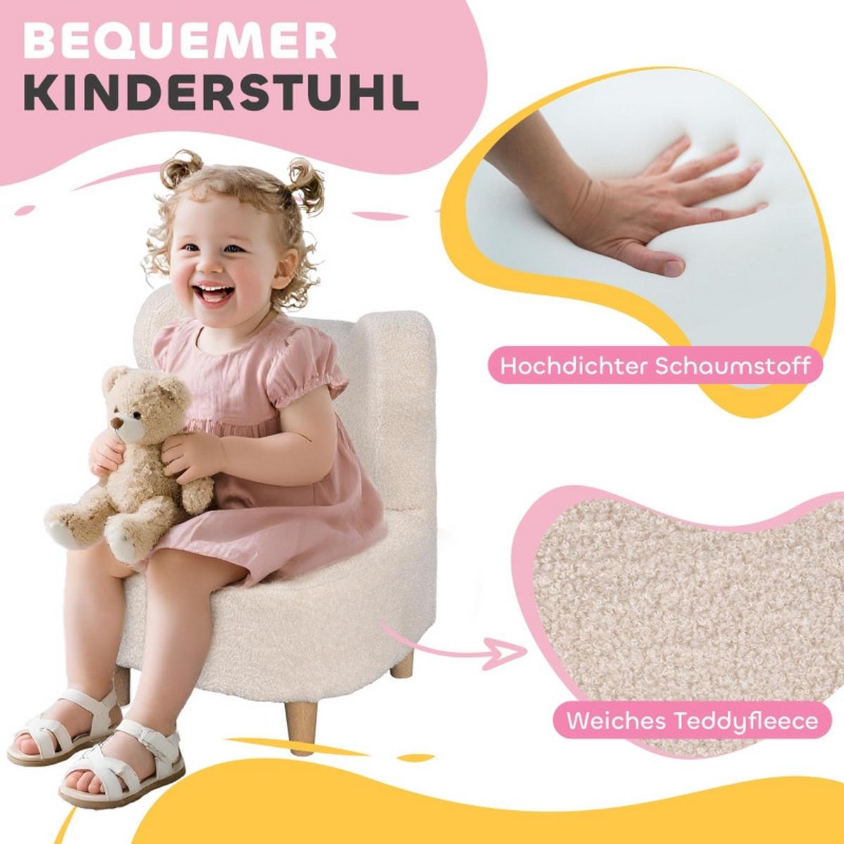 KINDERSESSEL, Plüschsessel mit Bärenohren, Fleece-Bezug, Schaumstoff, Beige - Beige, Holz (43/53/47cm) - BursDany