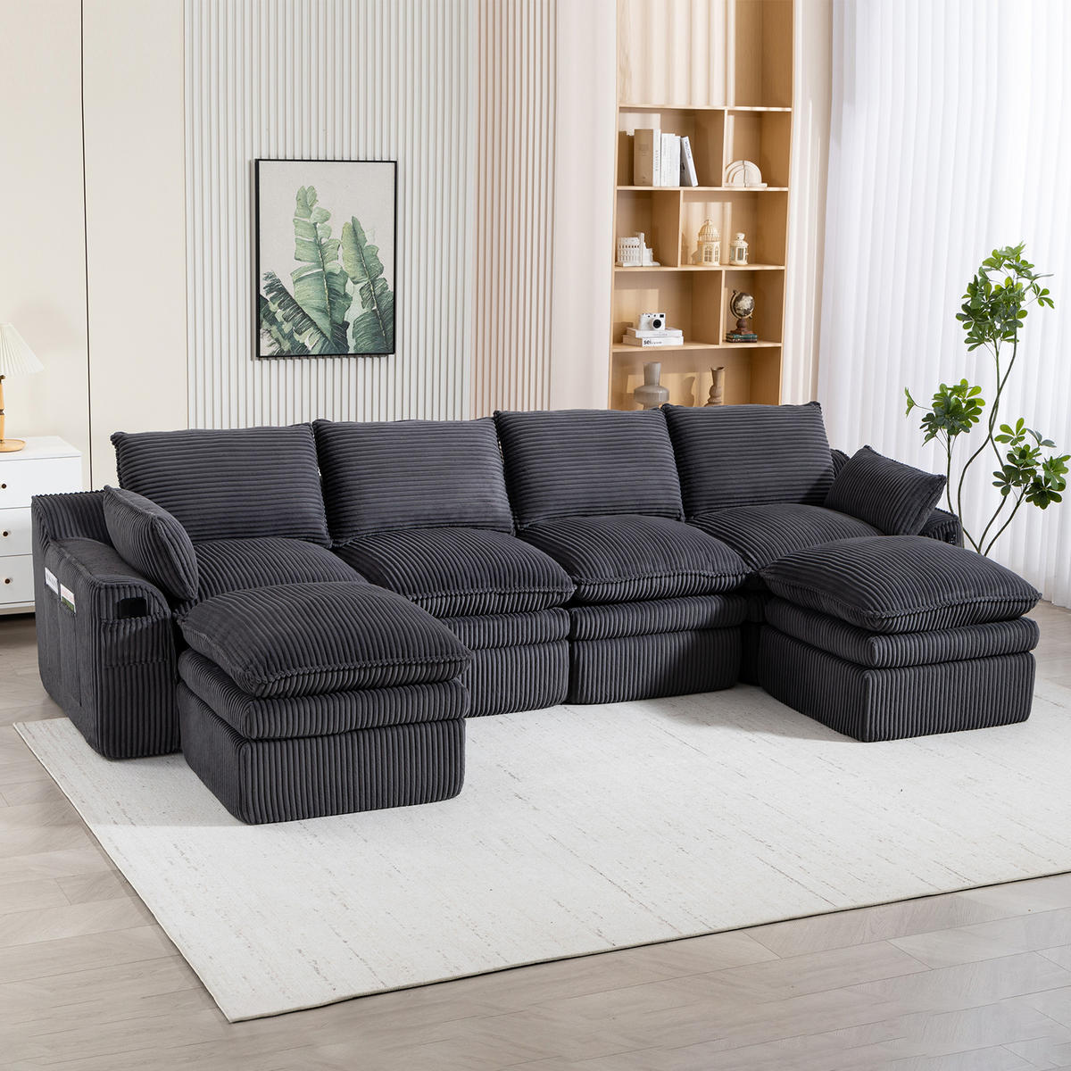 WOHNLANDSCHAFT Cord Dunkelgrau mit Kissen, Hocker und Seitentaschen - Dunkelgrau, Textil (335/85/167cm) - WISHDOR