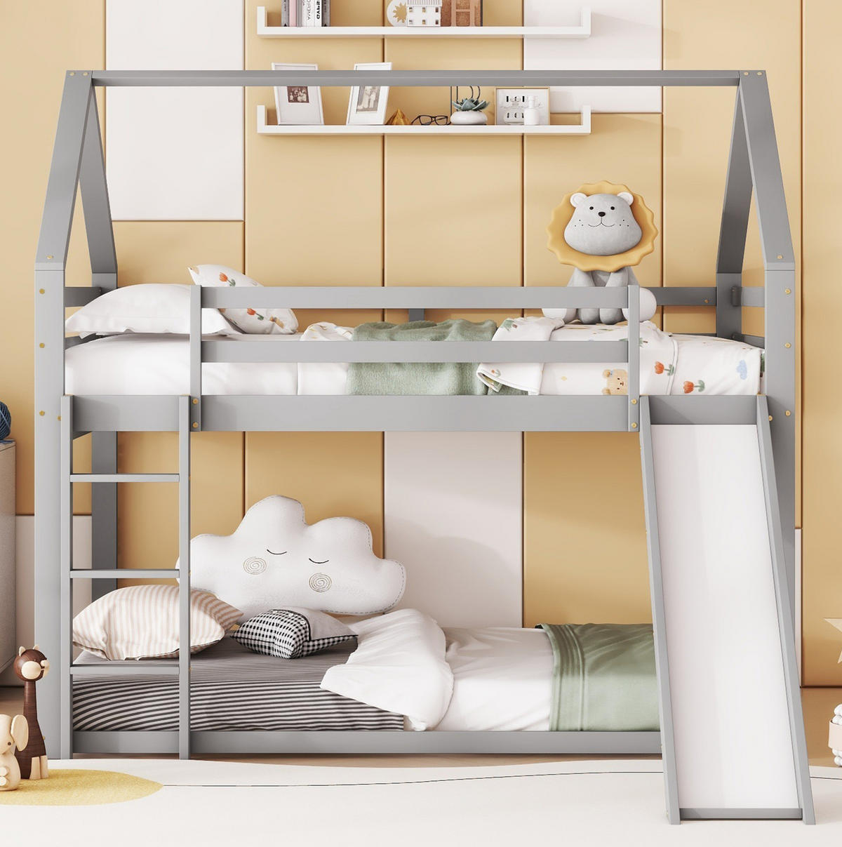 ETAGENBETT aus Kiefer und MDF 140x200 cm Grau mit Rutsche, Leiter und Hausform - Grau, Holzwerkstoff (140/200cm) - Modfu