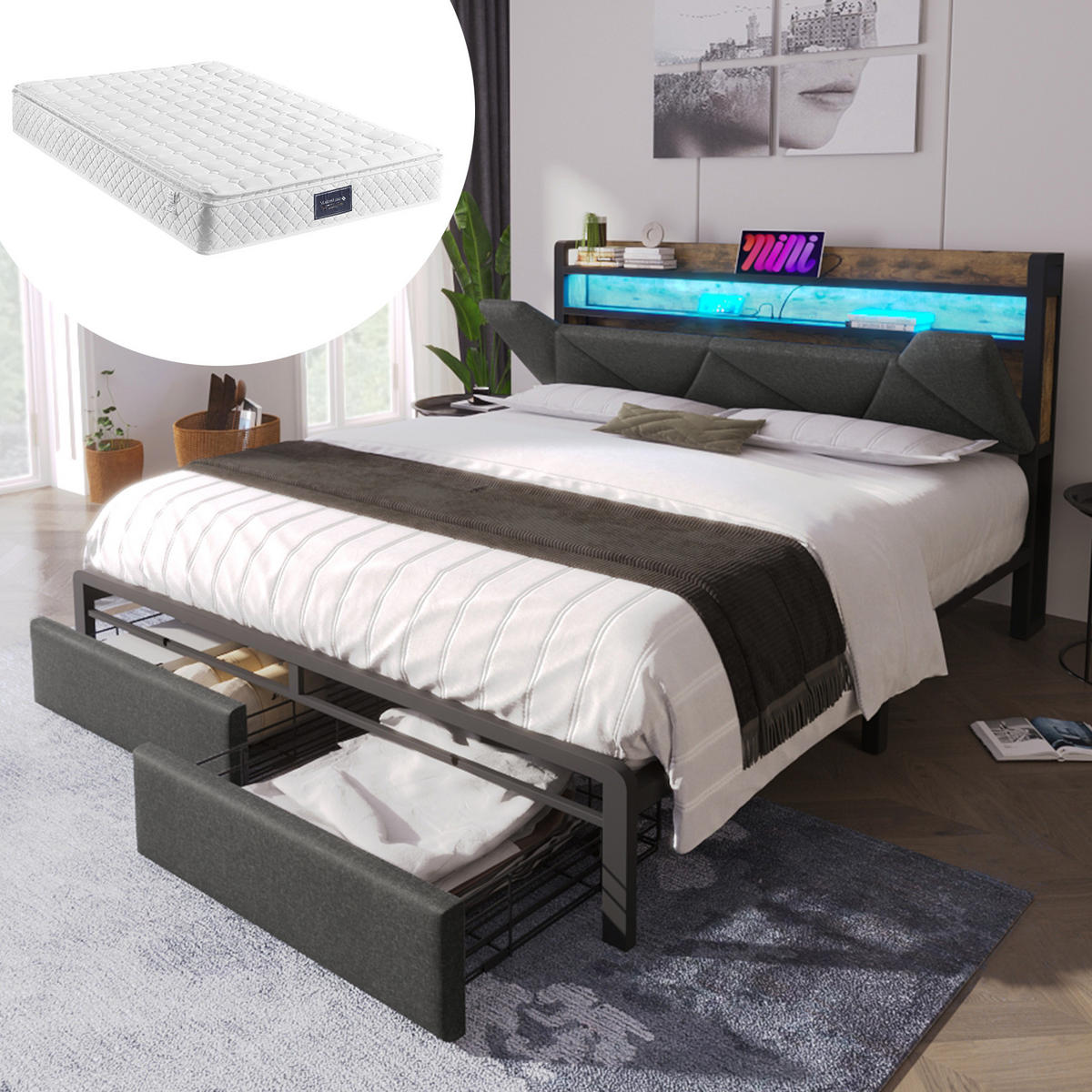 POLSTERBETT 160/200 cm mit LED-Beleuchtung, USB- und Typ-C-Anschluss, Matratze und Stauraum-Kopfteil und 2 Schubladen, Grau - Grau, Textil (160/200cm) - Redom
